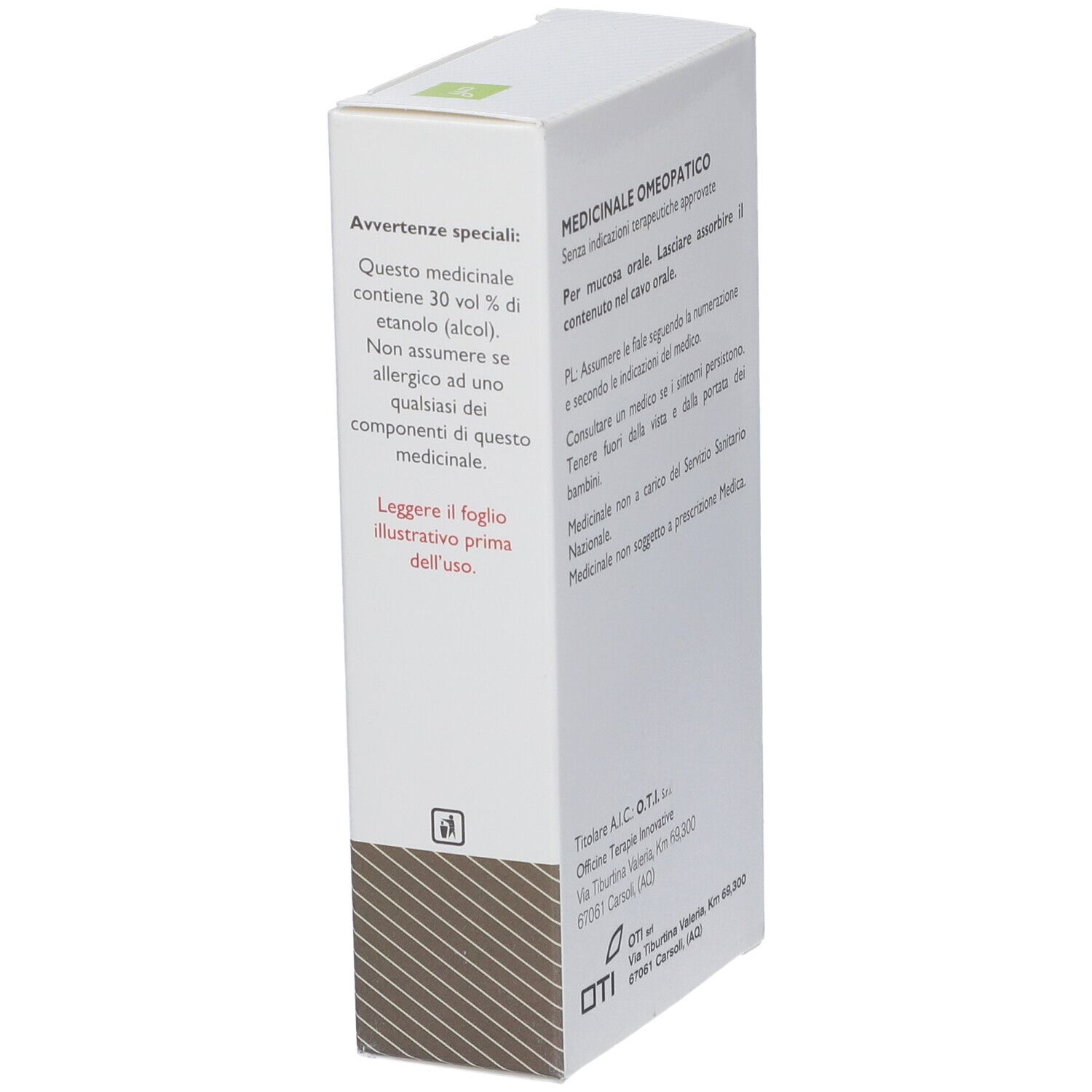 Scatola bianca con testo: Medicinale Omeopatico. Logo OTI. Testo: Per mucosa orale. Contiene 30% etanolo. Non usare in caso di allergia.