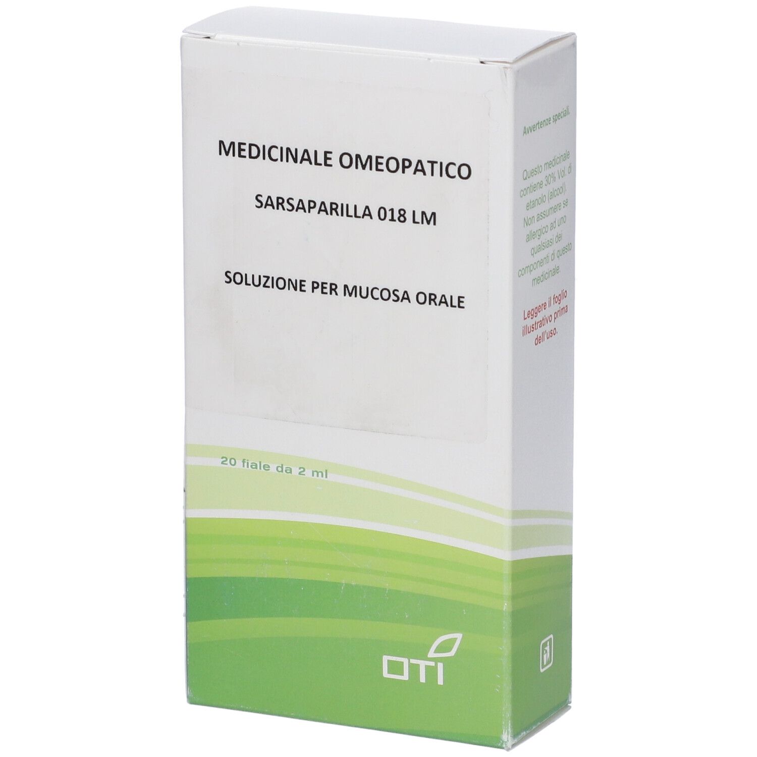 Scatola bianca con dettagli verdi. Logo OTI in basso. Testo: Medicinale Omeopatico, Sarsaparilla 018 LM, Soluzione per mucosa orale.