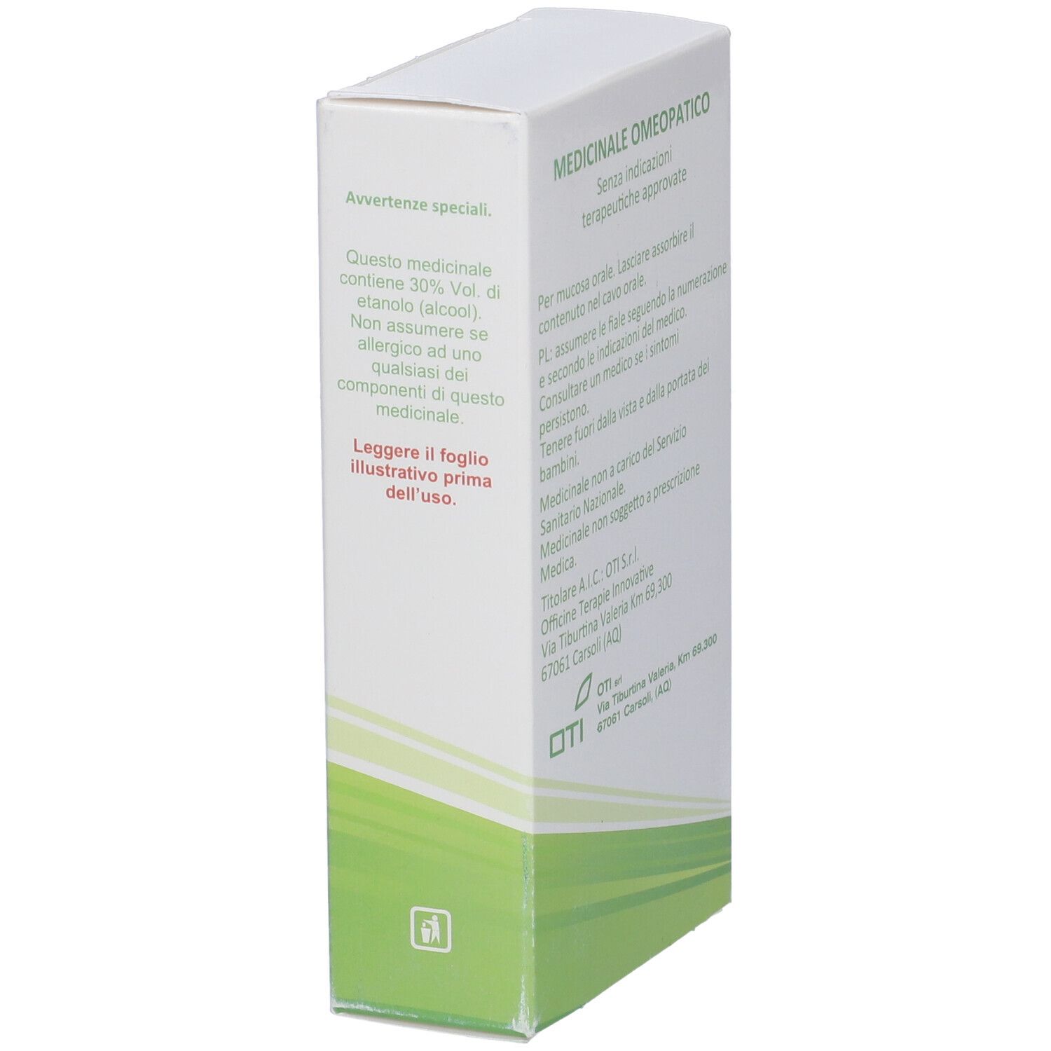 Scatola bianca con dettagli verdi. Logo OTI in basso. Testo: Medicinale Omeopatico. Contiene 30% Vol. alcool. Indirizzo.