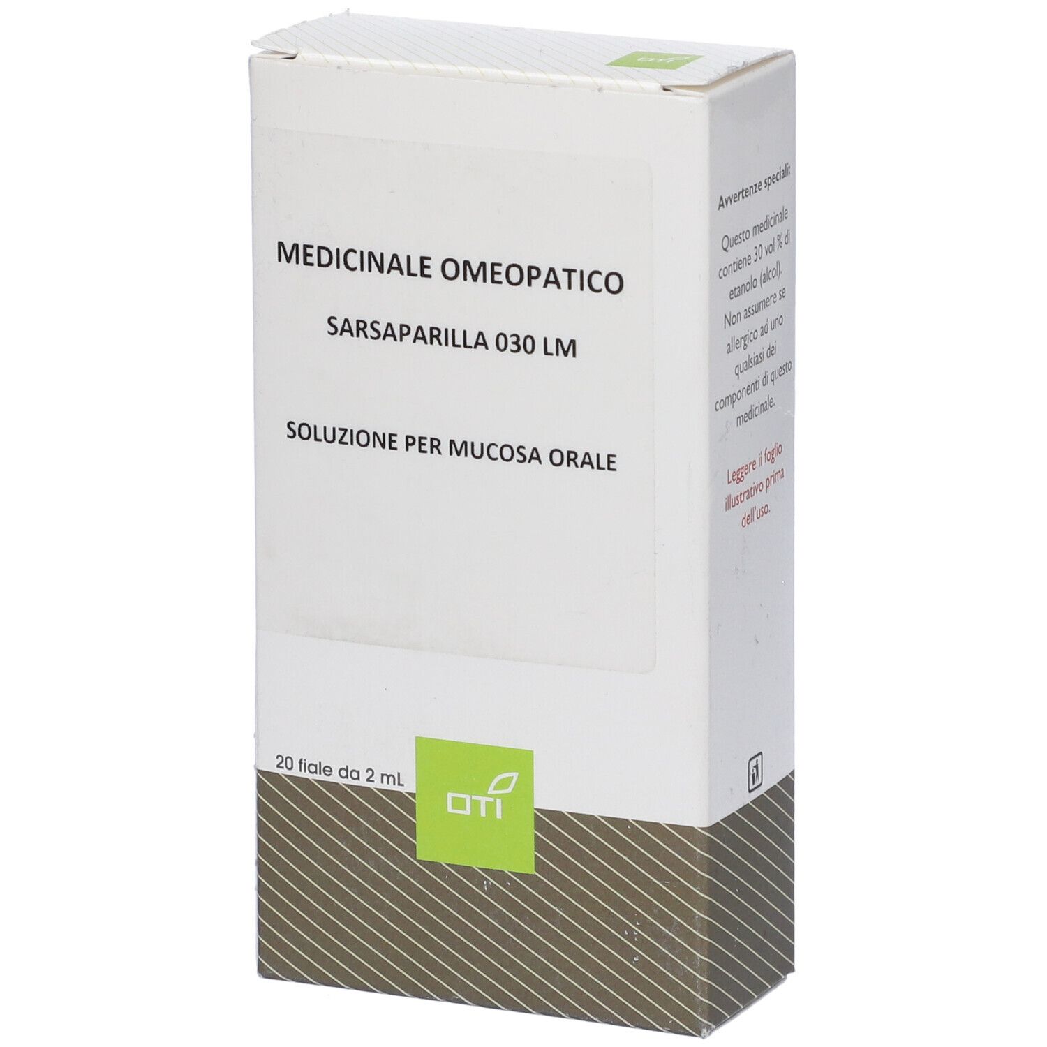 Scatola bianca con testo: 'Medicinale Omeopatico'. 'Sarsaparilla 030 LM'. 'Soluzione per mucosa orale'.