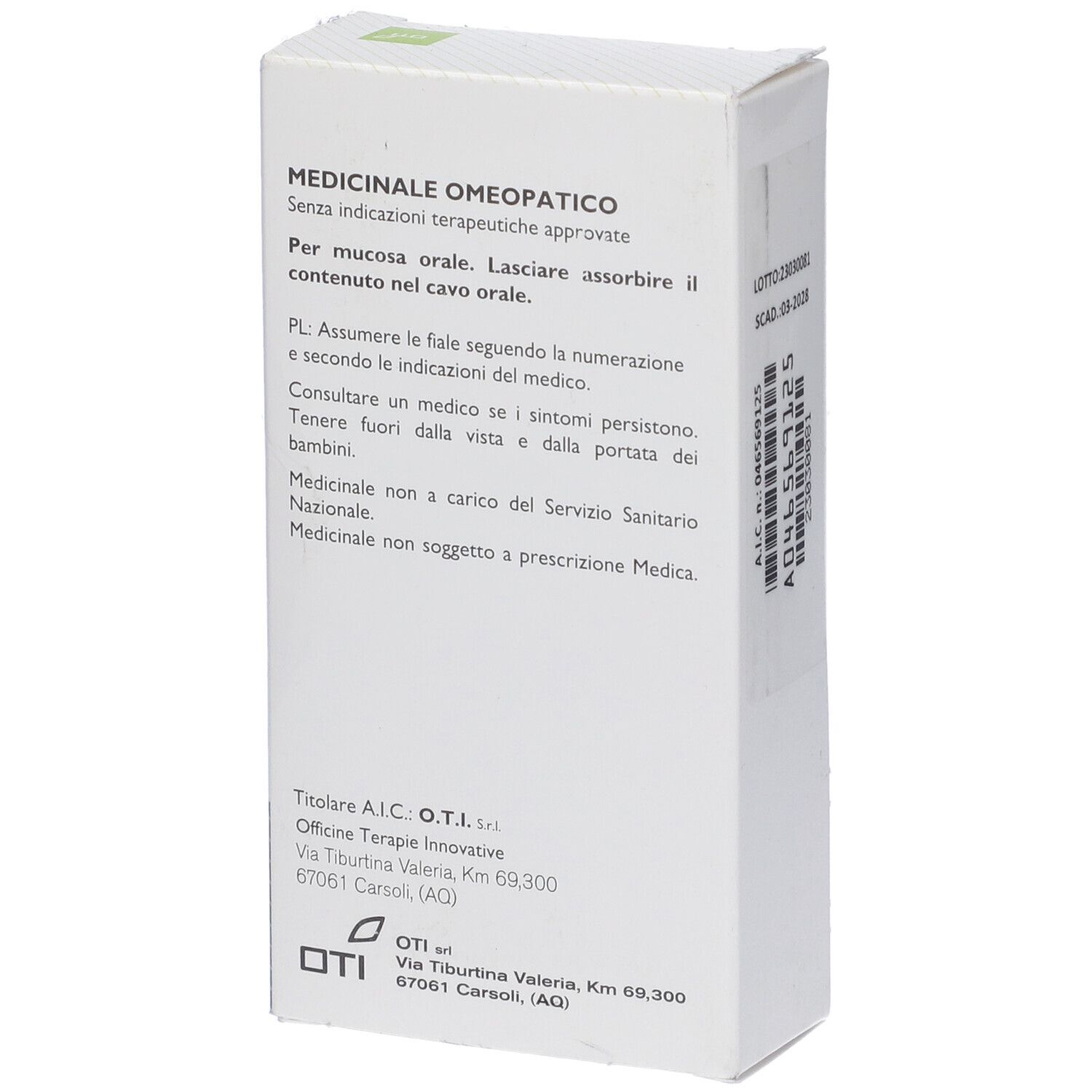 Retro della scatola con testo. 'Medicinale Omeopatico'. Indirizzo e logo 'oti'.