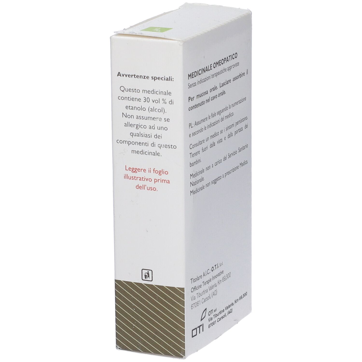 Scatola con testo. 'Medicinale Omeopatico'. Contiene 30% alcol. Logo 'oti'.