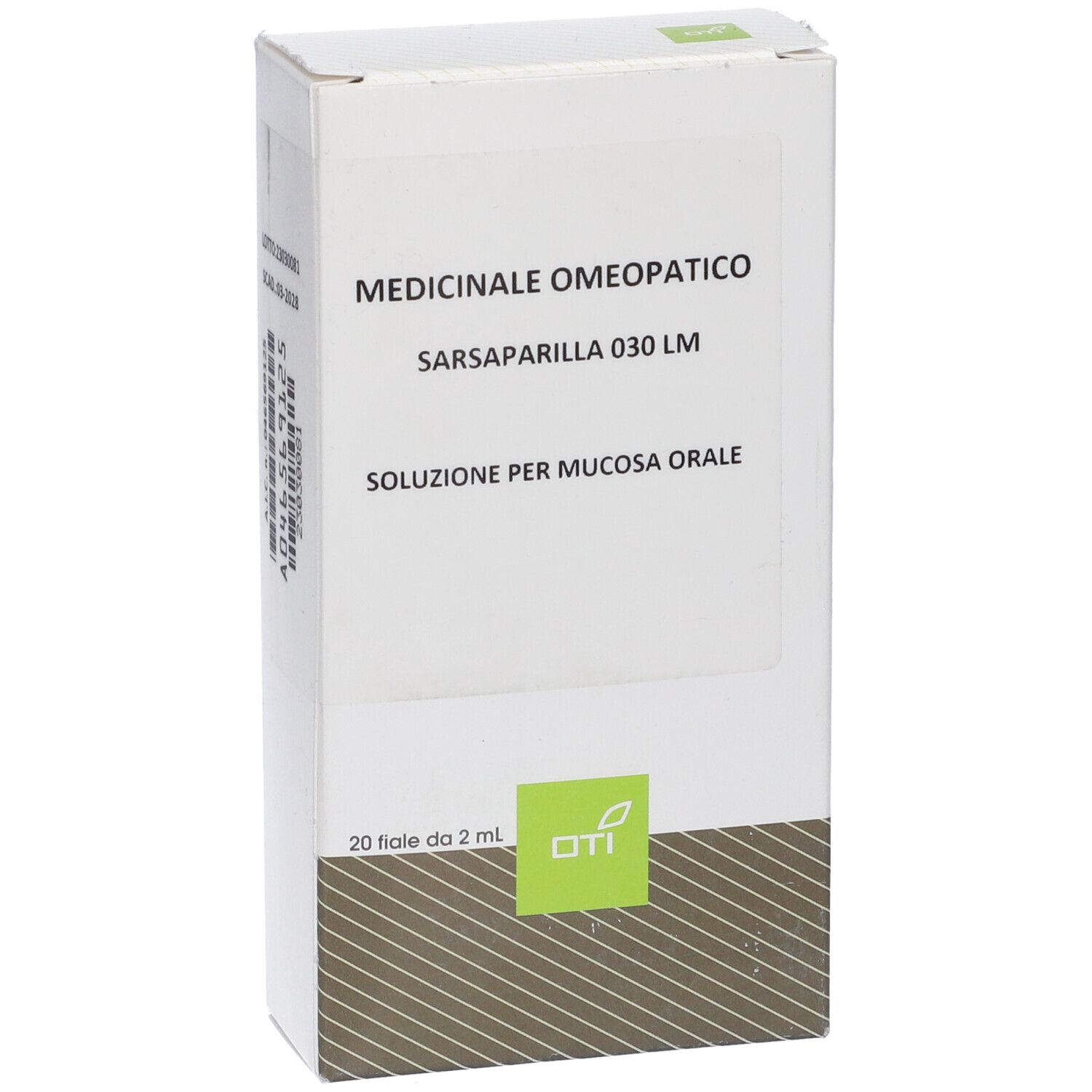 Scatola bianca con testo: 'Medicinale Omeopatico'. 'Sarsaparilla 030 LM'. 'Soluzione per mucosa orale'.