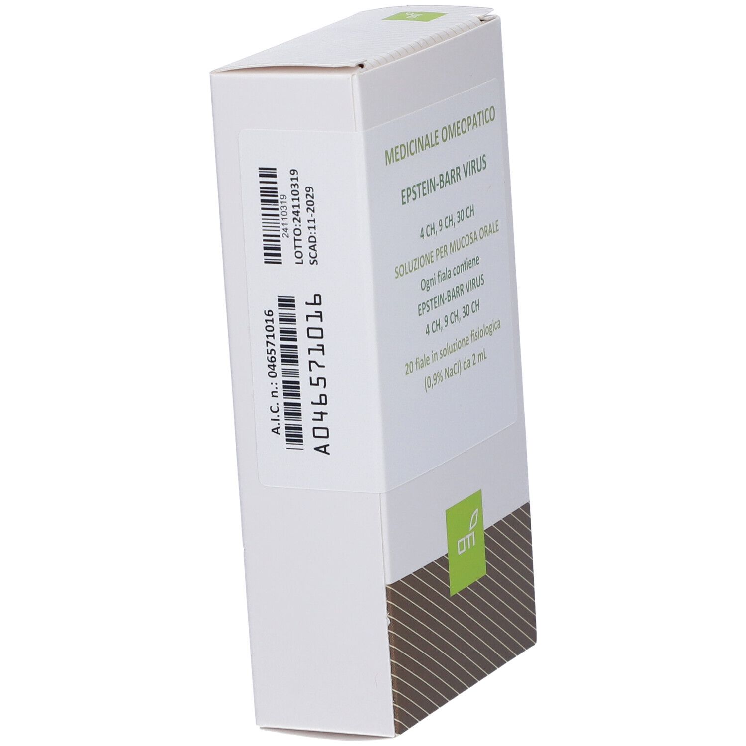 Medicinale omeopatico. Con codice a barre e numero di lotto. Logo OTI. Scatola bianca.