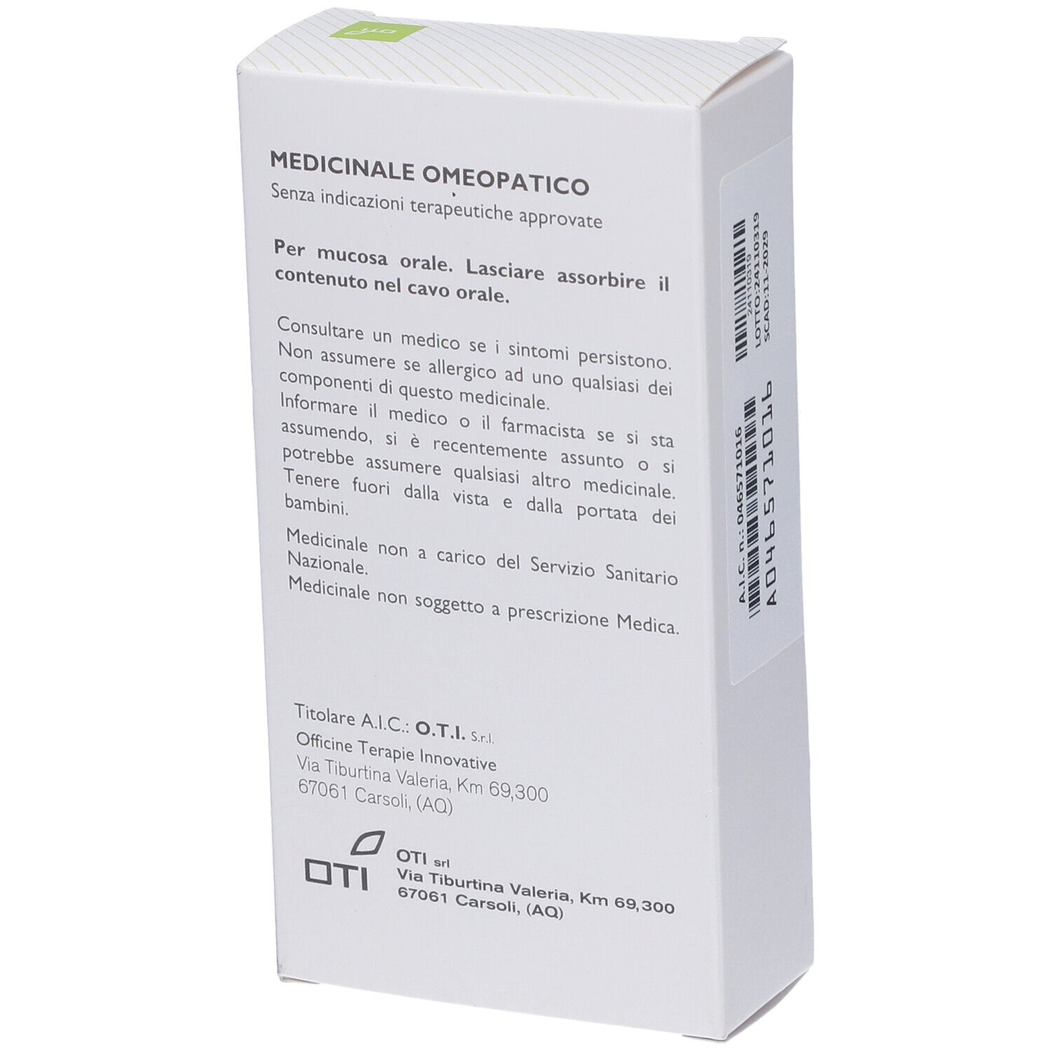Medicinale omeopatico. Testo su scatola bianca. Logo OTI. Indirizzo del produttore.