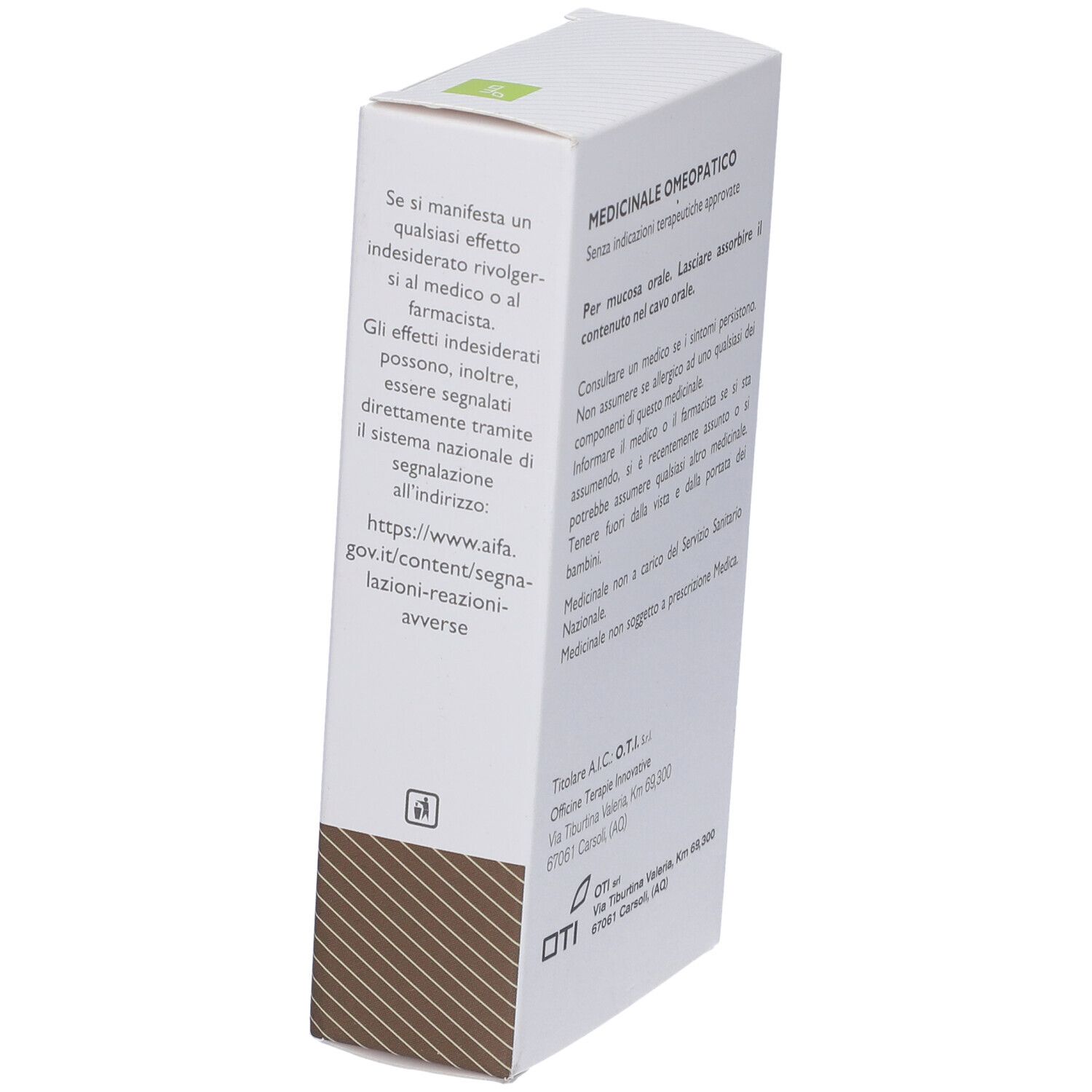 Medicinale omeopatico. Testo su scatola bianca. Logo OTI. Avvertenze e contatti.