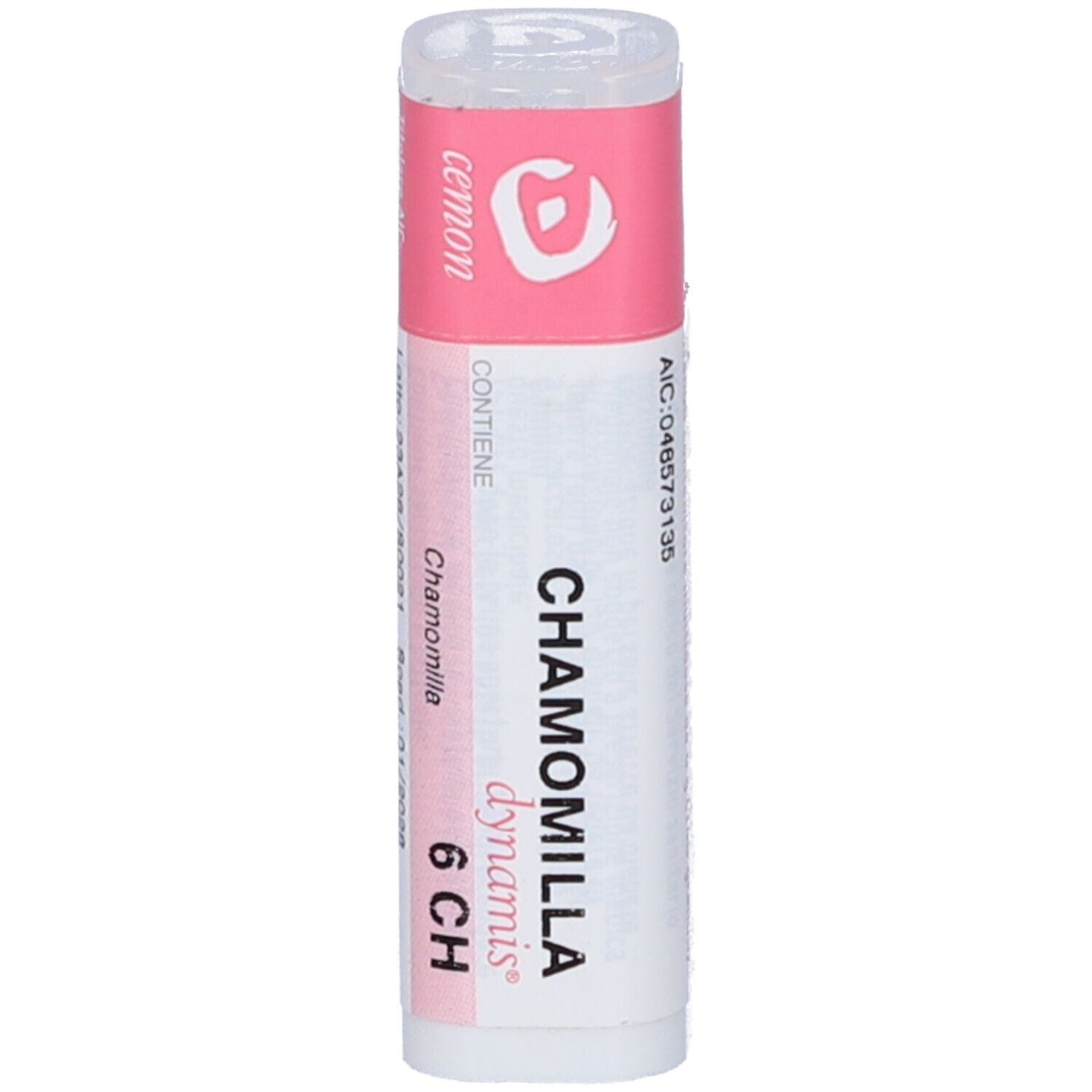 Confezione cilindrica con etichetta rosa e bianca. Testo: Cemon Chamomilla Dynamis 6 CH.