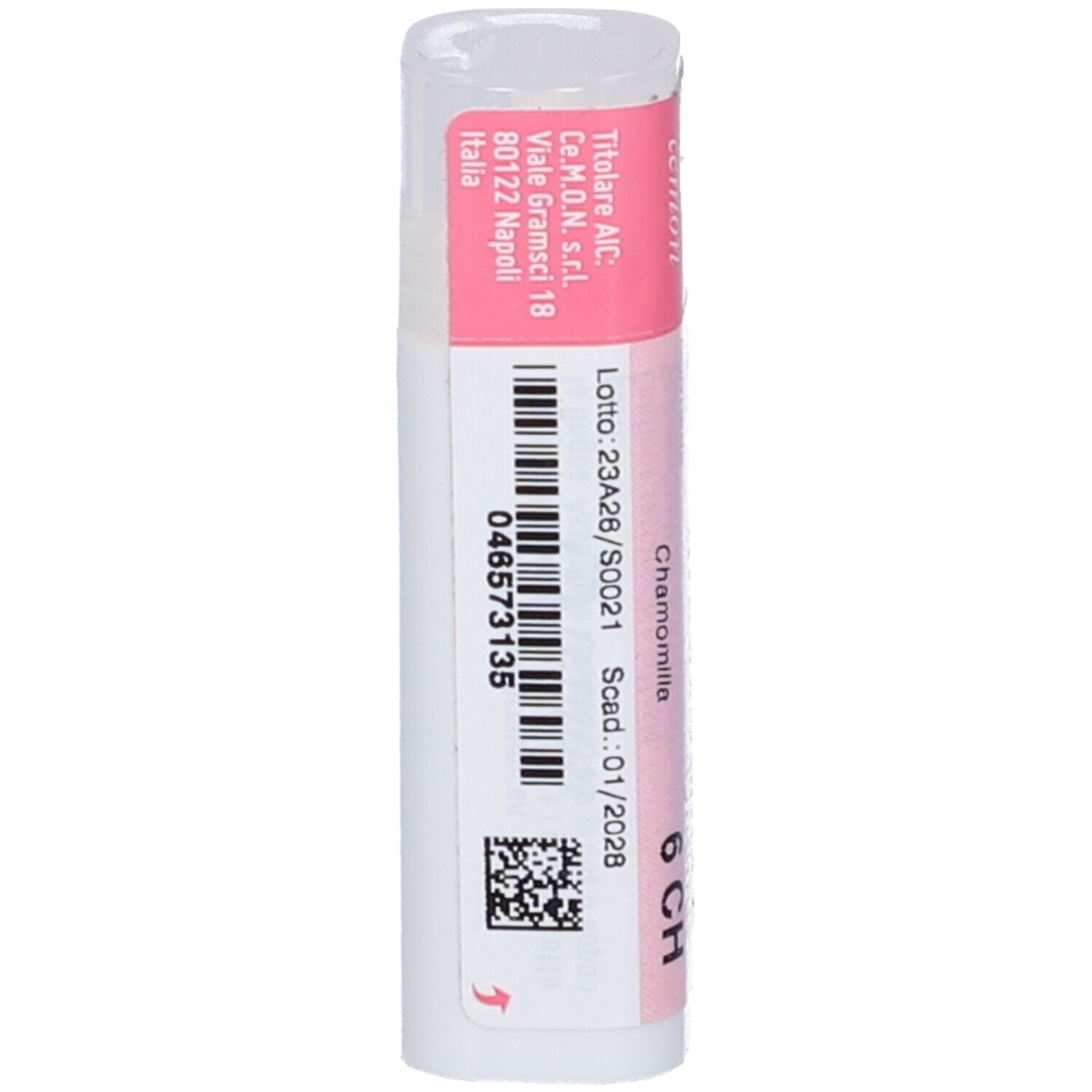 Confezione cilindrica con etichetta rosa e bianca. Testo: Cemon Chamomilla Dynamis 6 CH, codice a barre.