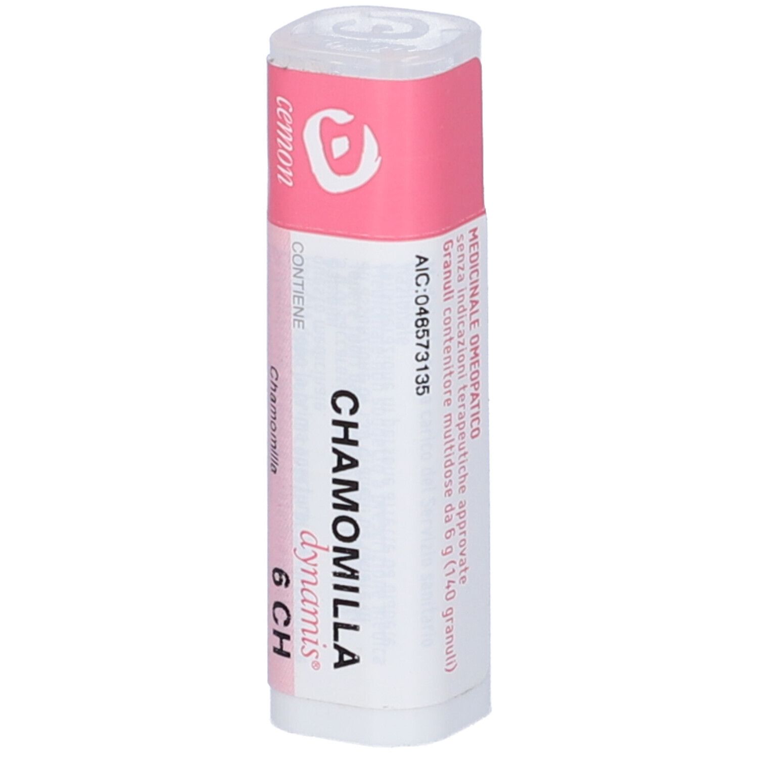 Confezione cilindrica con etichetta rosa e bianca. Testo: Cemon Chamomilla Dynamis 6 CH, altre informazioni.