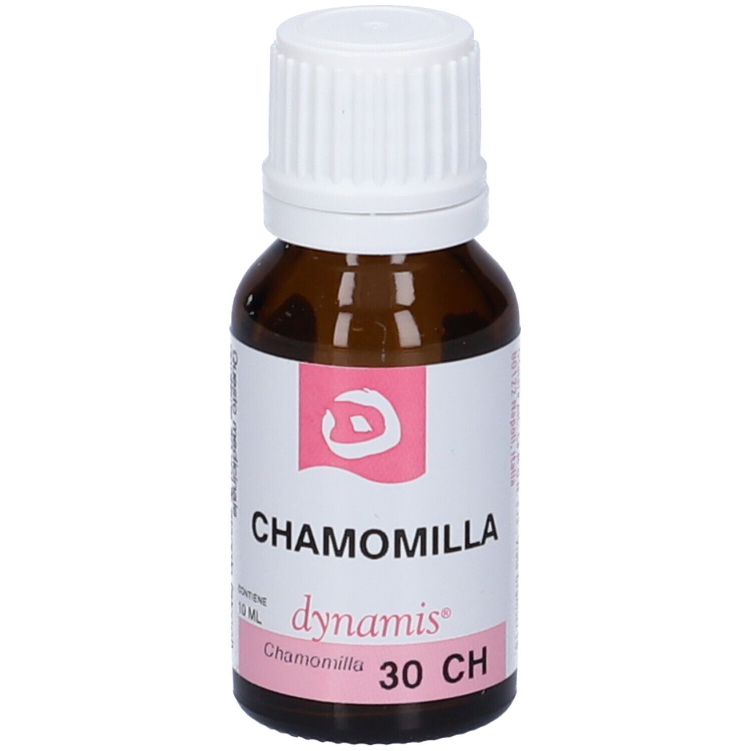 Flacone di vetro marrone con tappo bianco ed etichetta rosa. L'etichetta riporta "CHAMOMILLA dynamis 30 CH".