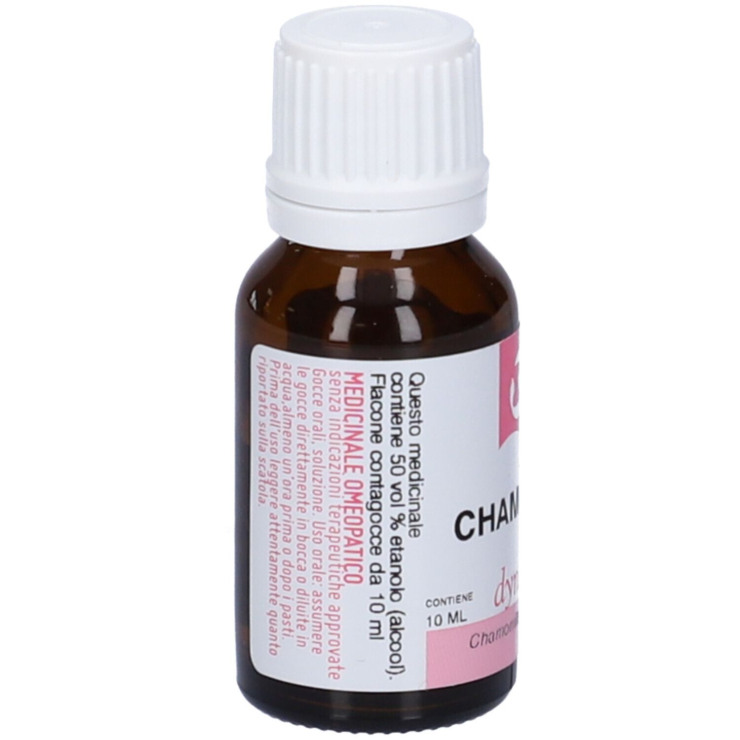 Flacone di vetro marrone con tappo bianco ed etichetta rosa. L'etichetta riporta "CHAMOMILLA dynamis".