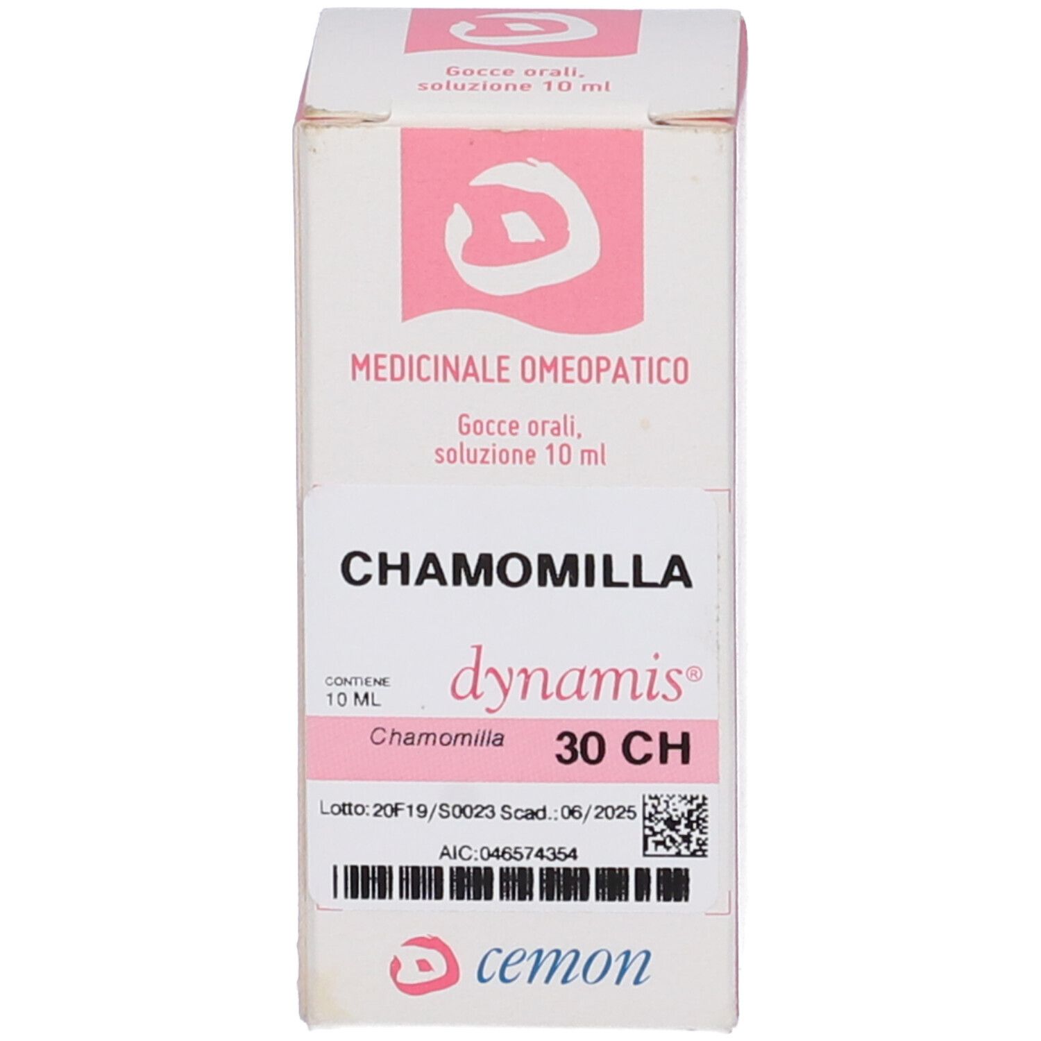 Scatola rosa e bianca con testo e flacone di vetro marrone con tappo bianco ed etichetta rosa. L'etichetta riporta "CHAMOMILLA dynamis 30 CH".