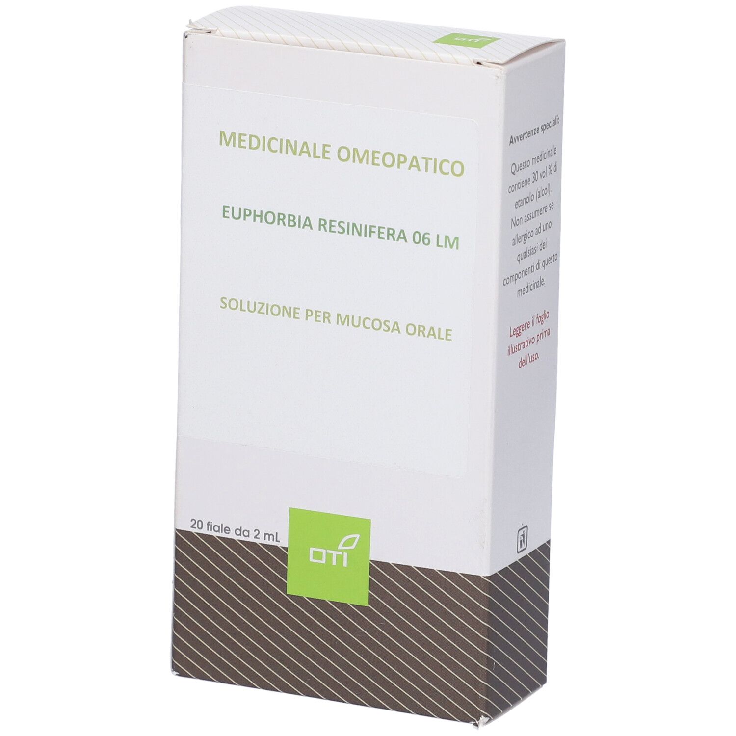 Scatola bianca con testo. Logo OTI in basso. Contiene 20 fiale da 2 ml. OTI Euphorbia Resinifera 06 LM.