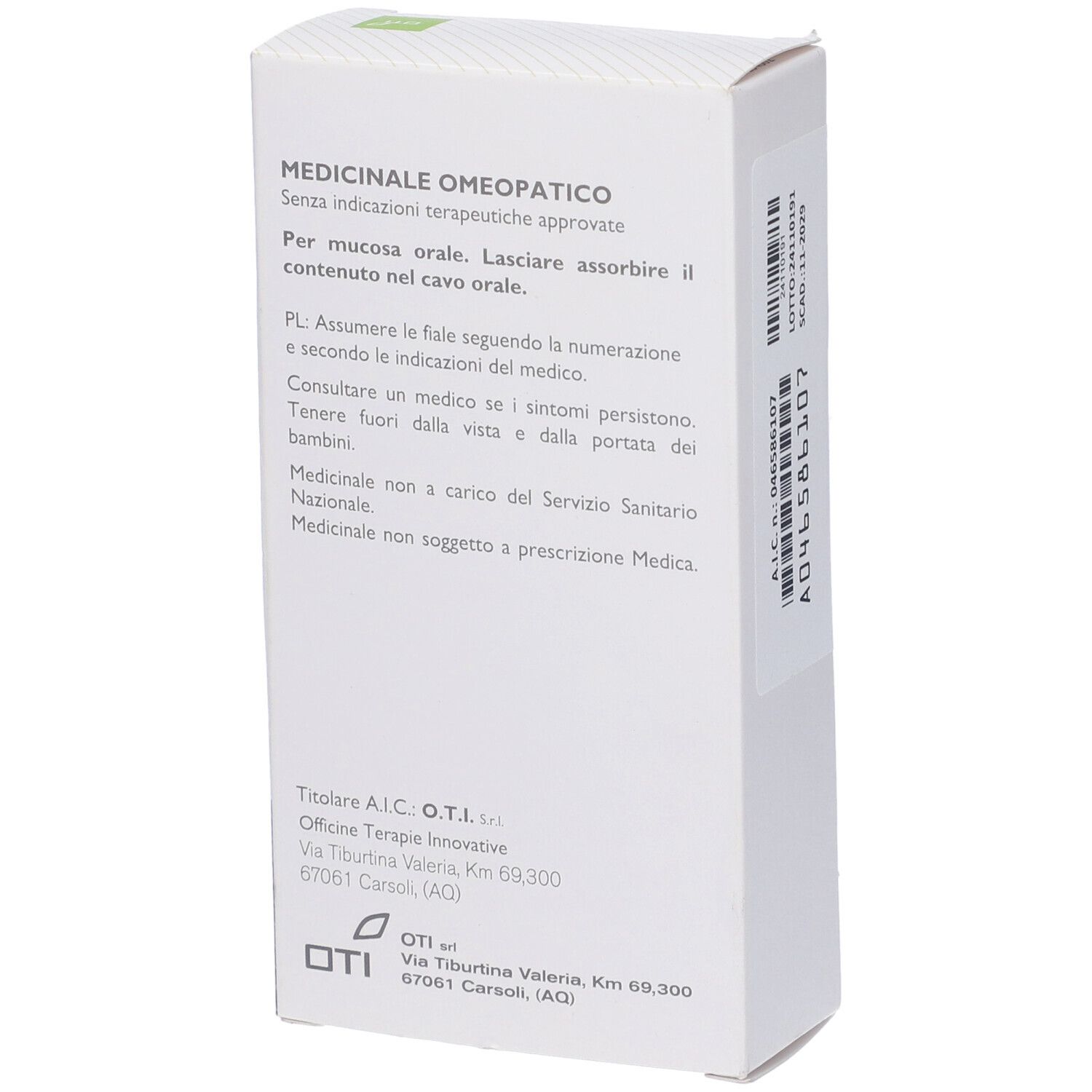 Scatola bianca con testo. Logo OTI in basso. Indirizzo e altre informazioni.