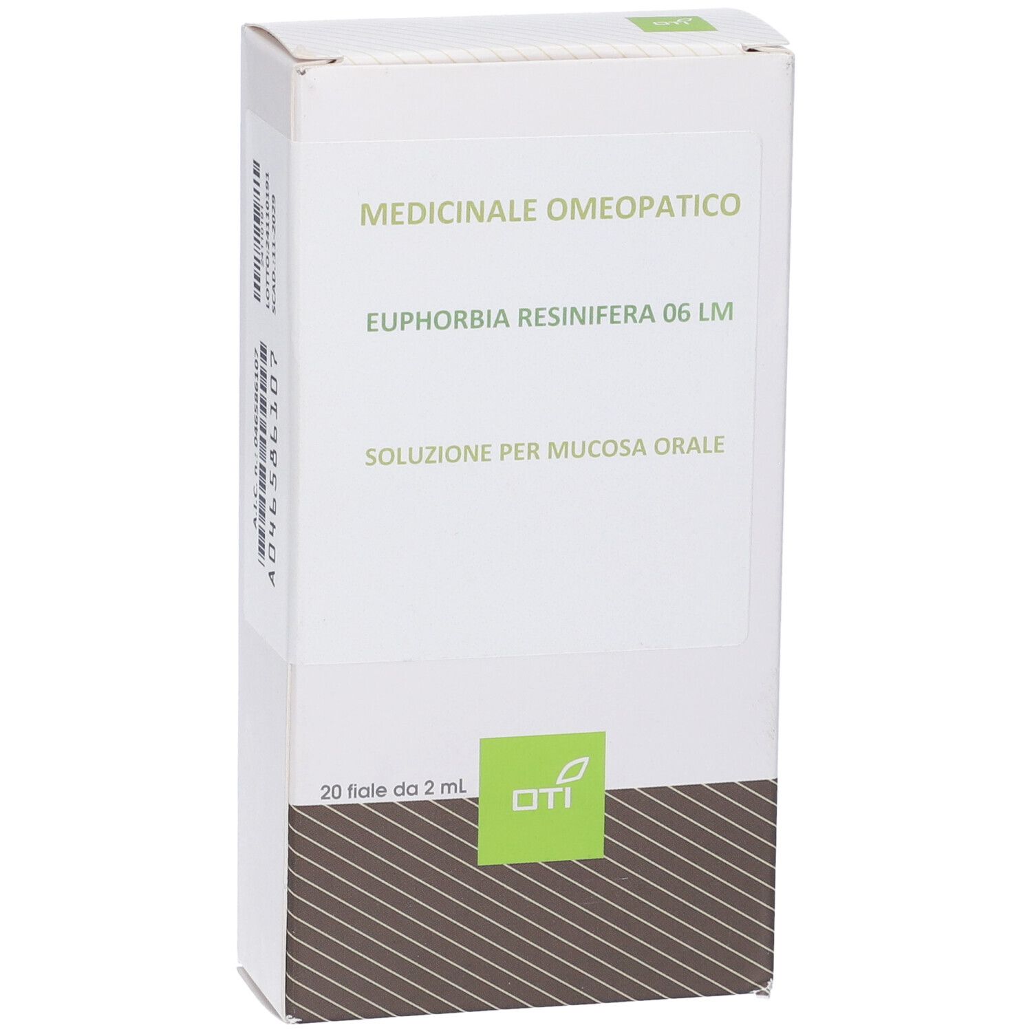 Scatola bianca con testo. Logo OTI in basso. Contiene 20 fiale da 2 ml. OTI Euphorbia Resinifera 06 LM.