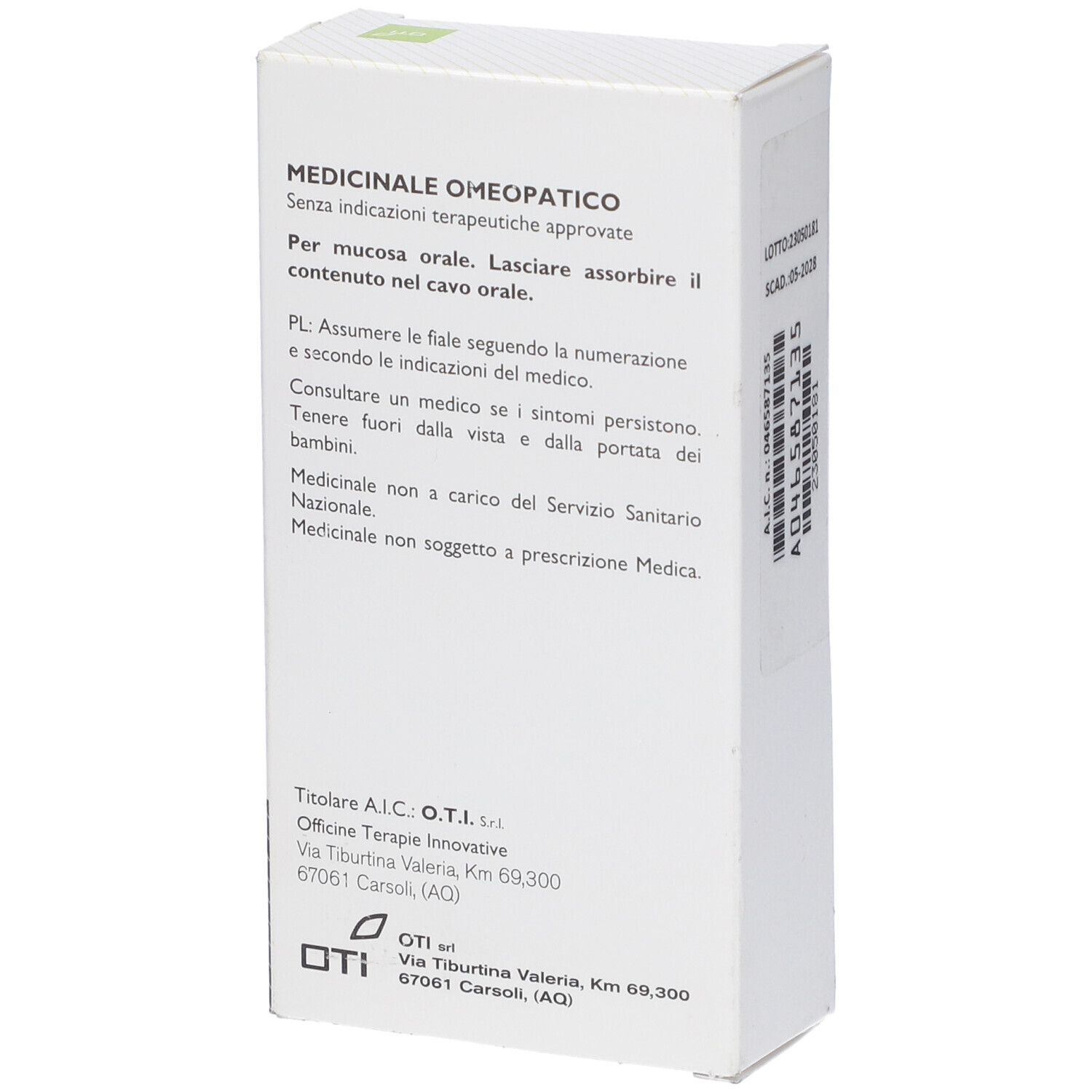 Scatola bianca con informazioni prodotto e logo OTI. Contiene 20 fiale da 2 ml. Per mucosa orale.
