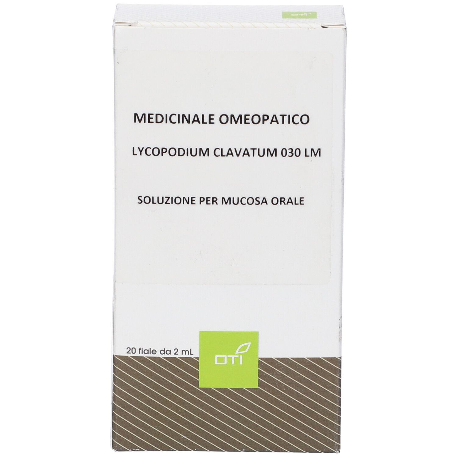 Scatola bianca con informazioni prodotto e logo OTI. Contiene 20 fiale da 2 ml. Per mucosa orale.