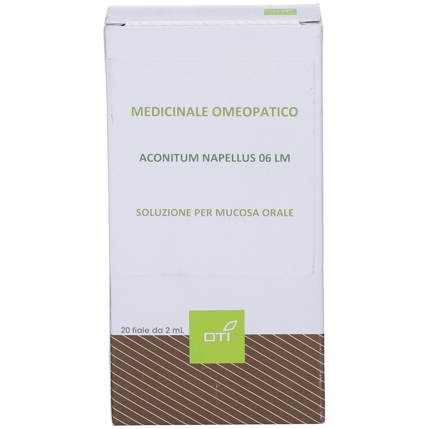 Scatola bianca con testo: 'Medicinale Omeopatico'. 'Aconitum Napellus 06 LM'. Logo Oti. 20 fiale.