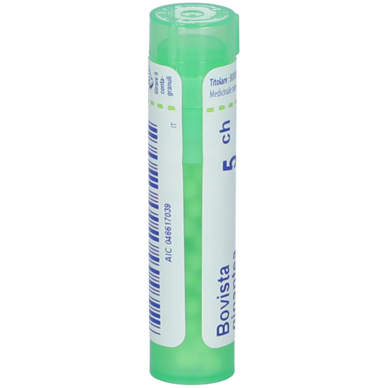 Confezione cilindrica verde. Scritta: Bovista gigantea, 5 ch. Etichetta con codice a barre e informazioni.