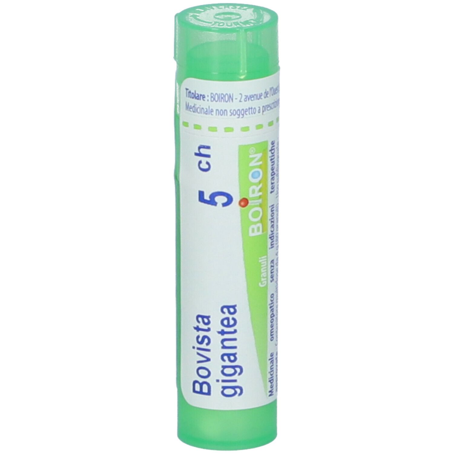 Confezione cilindrica verde. Scritta: Bovista gigantea, 5 ch, BOIRON. Etichetta con informazioni.