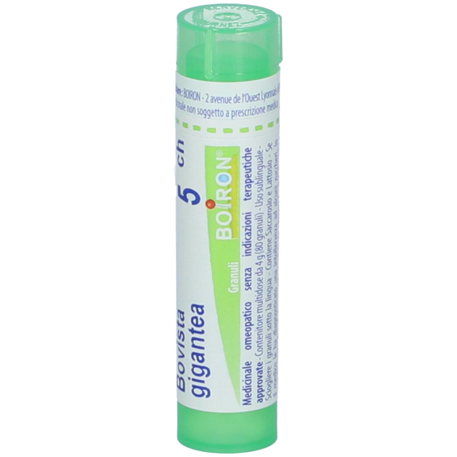 Confezione cilindrica verde. Scritta: Bovista gigantea, 5 ch, BOIRON. Etichetta con informazioni.