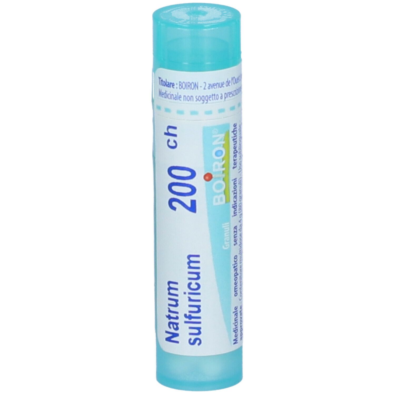 Confezione cilindrica di Natrum sulfuricum 200 ch. Tappo turchese e scritte.