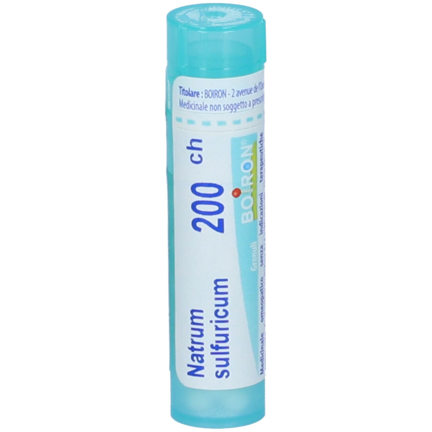 Confezione cilindrica di Natrum sulfuricum 200 ch. Tappo turchese ed etichetta.