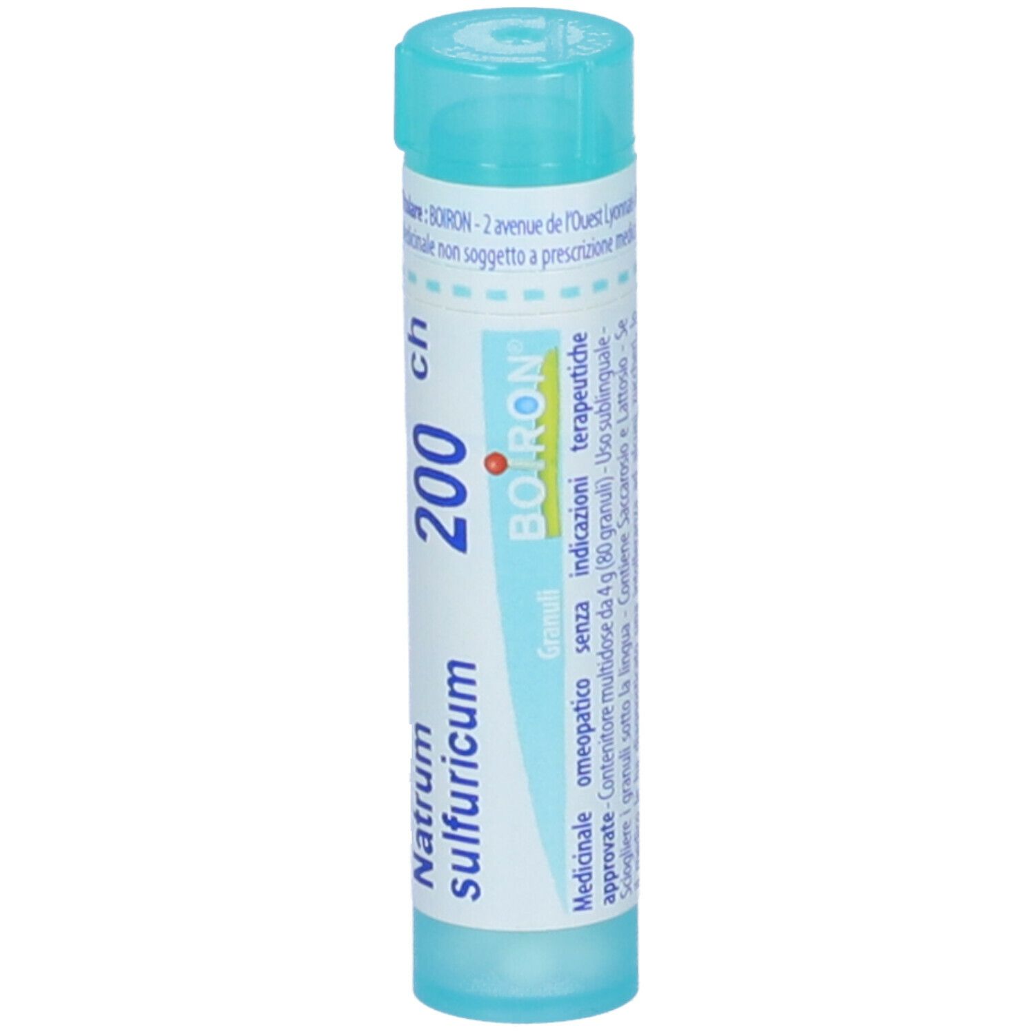 Confezione cilindrica di Natrum sulfuricum 200 ch. Tappo turchese ed etichetta.