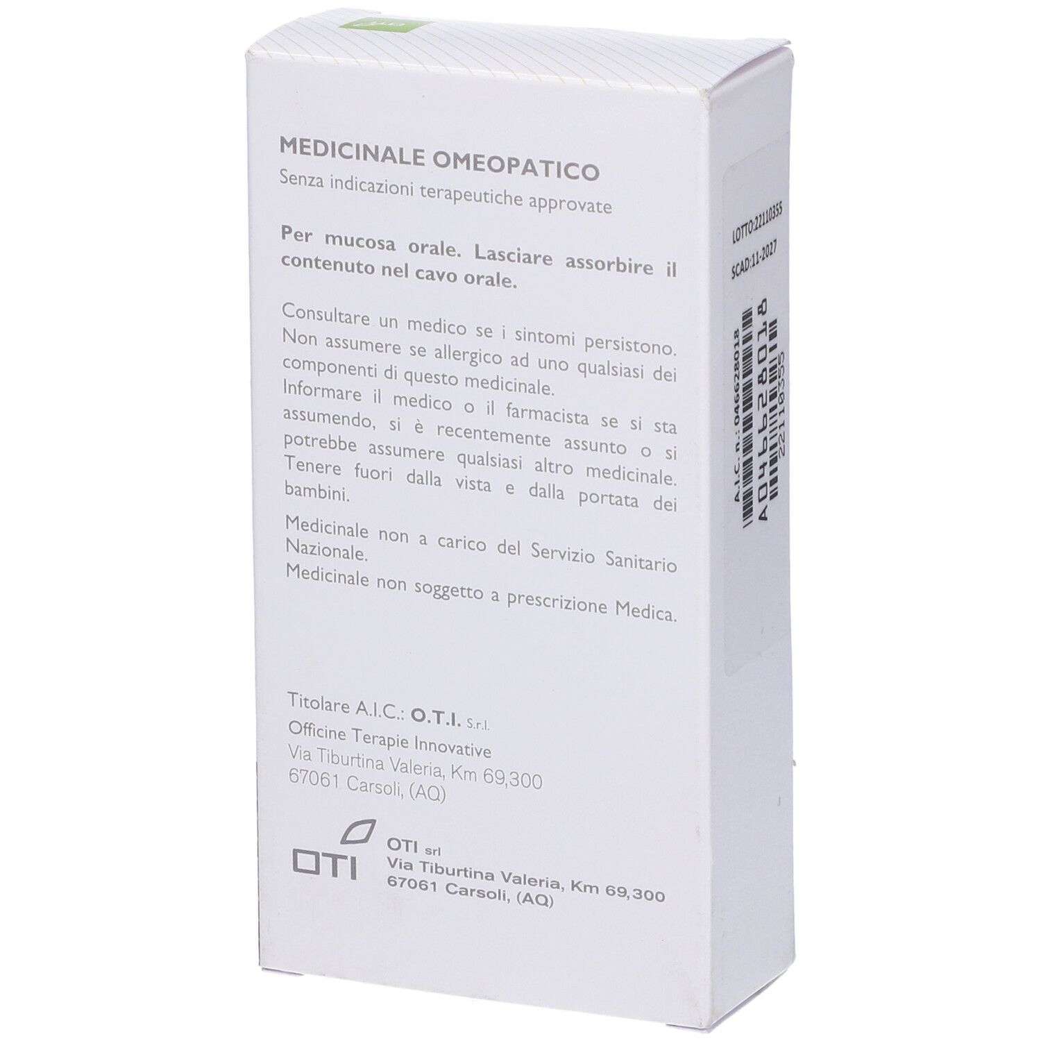 Retro scatola medicinale. Testo: Medicinale omeopatico. Informazioni uso e produttore.