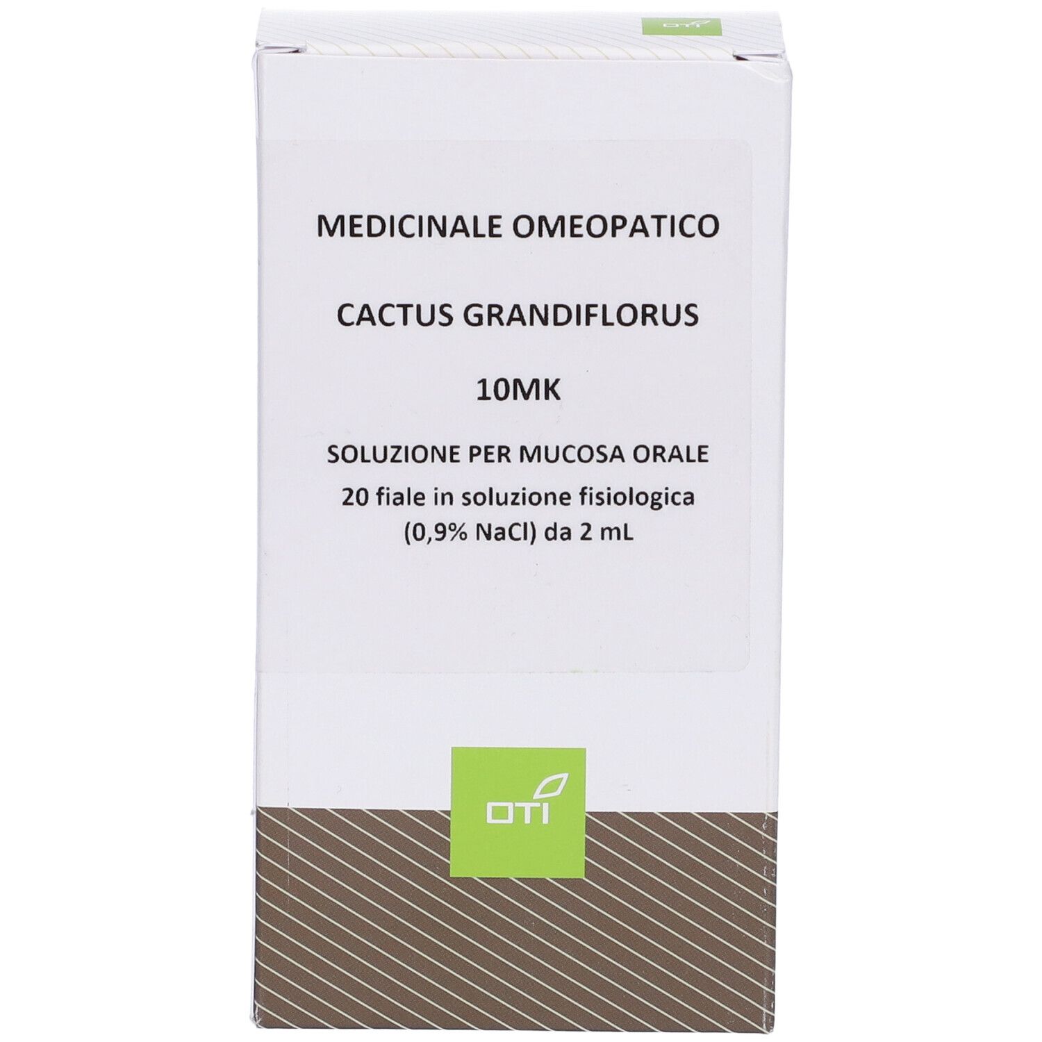 Scatola di medicinale. Scritto: Cactus Grandiflorus 10MK, soluzione per mucosa orale. Logo OTI.