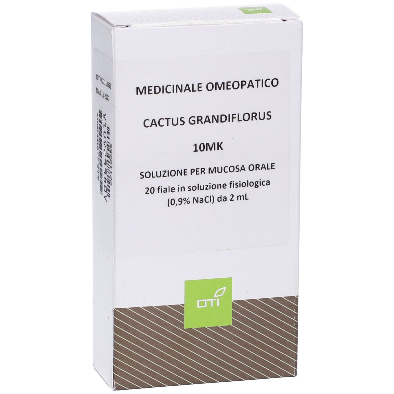 Scatola di medicinale. Scritto: Cactus Grandiflorus 10MK, soluzione per mucosa orale. Logo OTI.