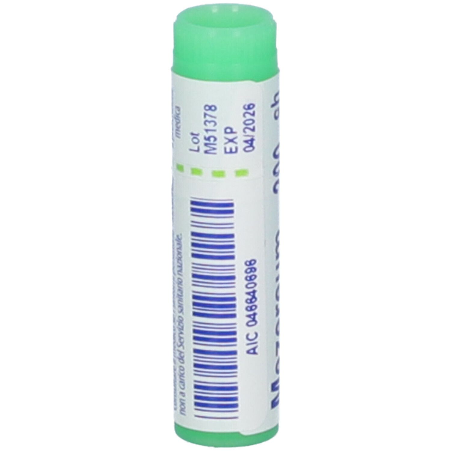 Tubo cilindrico verde e bianco. Scritta: Mezereum 200 ch. Tappo verde. Codice a barre e informazioni.