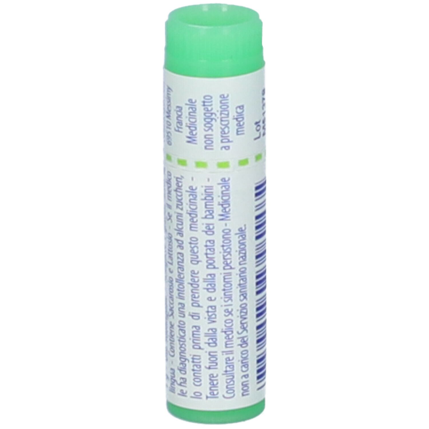 Tubo cilindrico verde e bianco. Scritta: Mezereum 200 ch. Tappo verde. Ulteriori informazioni e avvertenze.