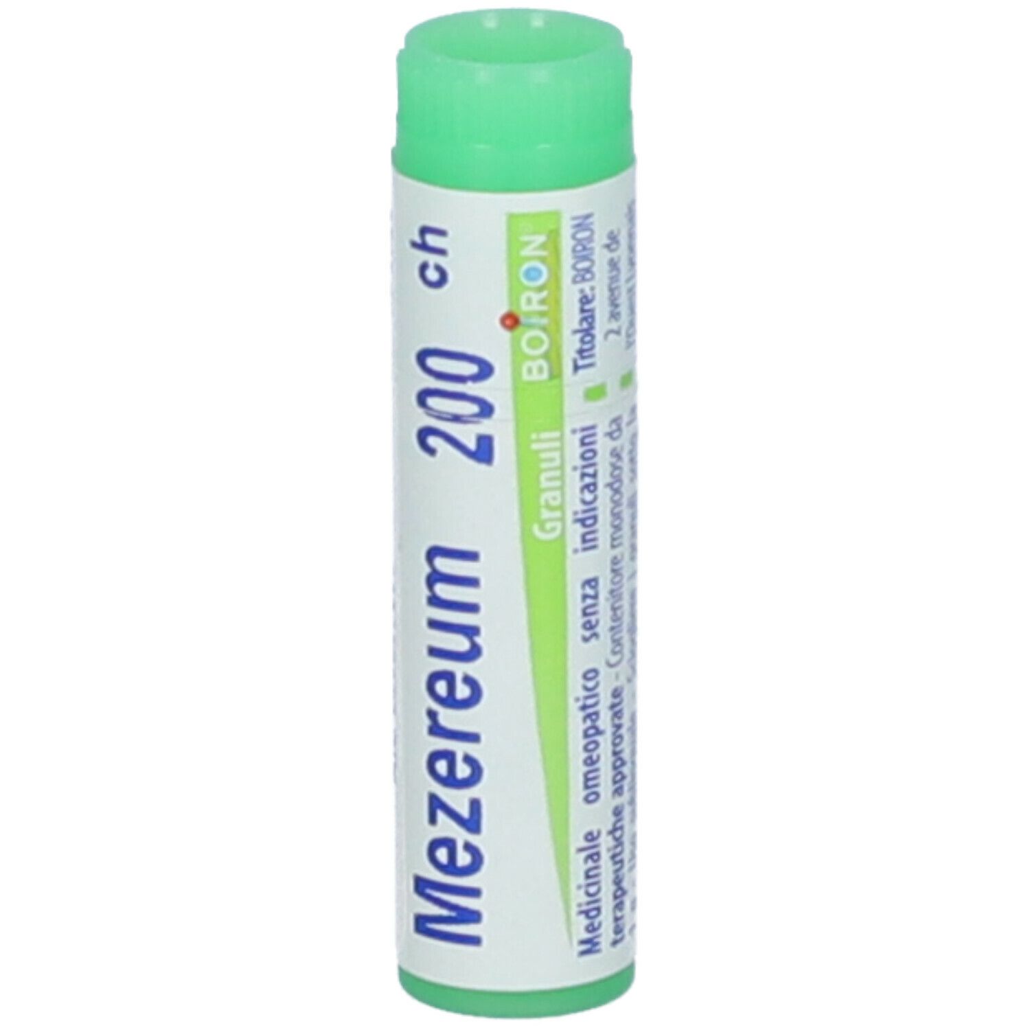 Tubo cilindrico verde e bianco. Scritta: Mezereum 200 ch. Tappo verde. Produttore Boiron. Granuli.