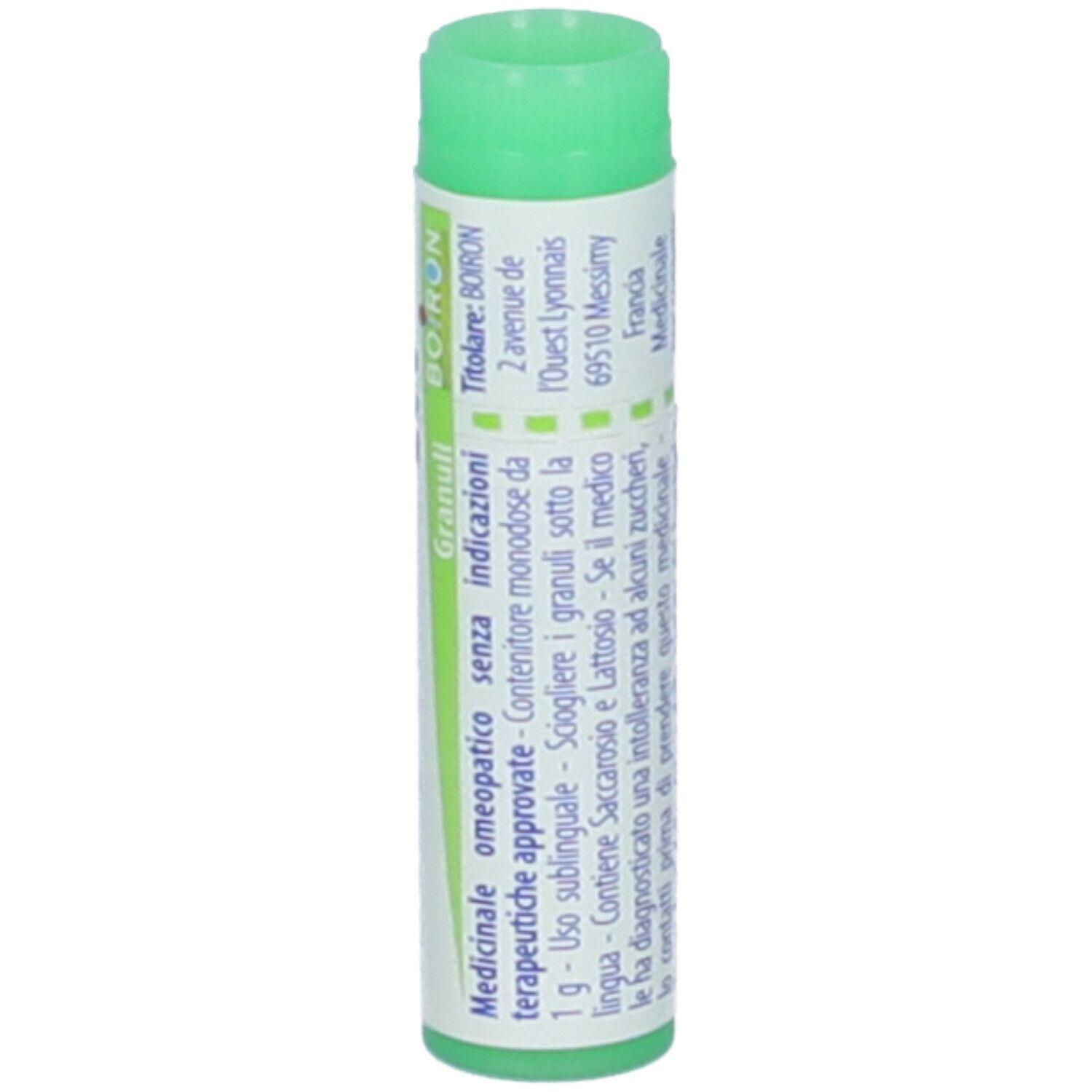 Tubo cilindrico verde e bianco. Scritta: Mezereum 200 ch. Tappo verde. Produttore Boiron. Ulteriori informazioni.