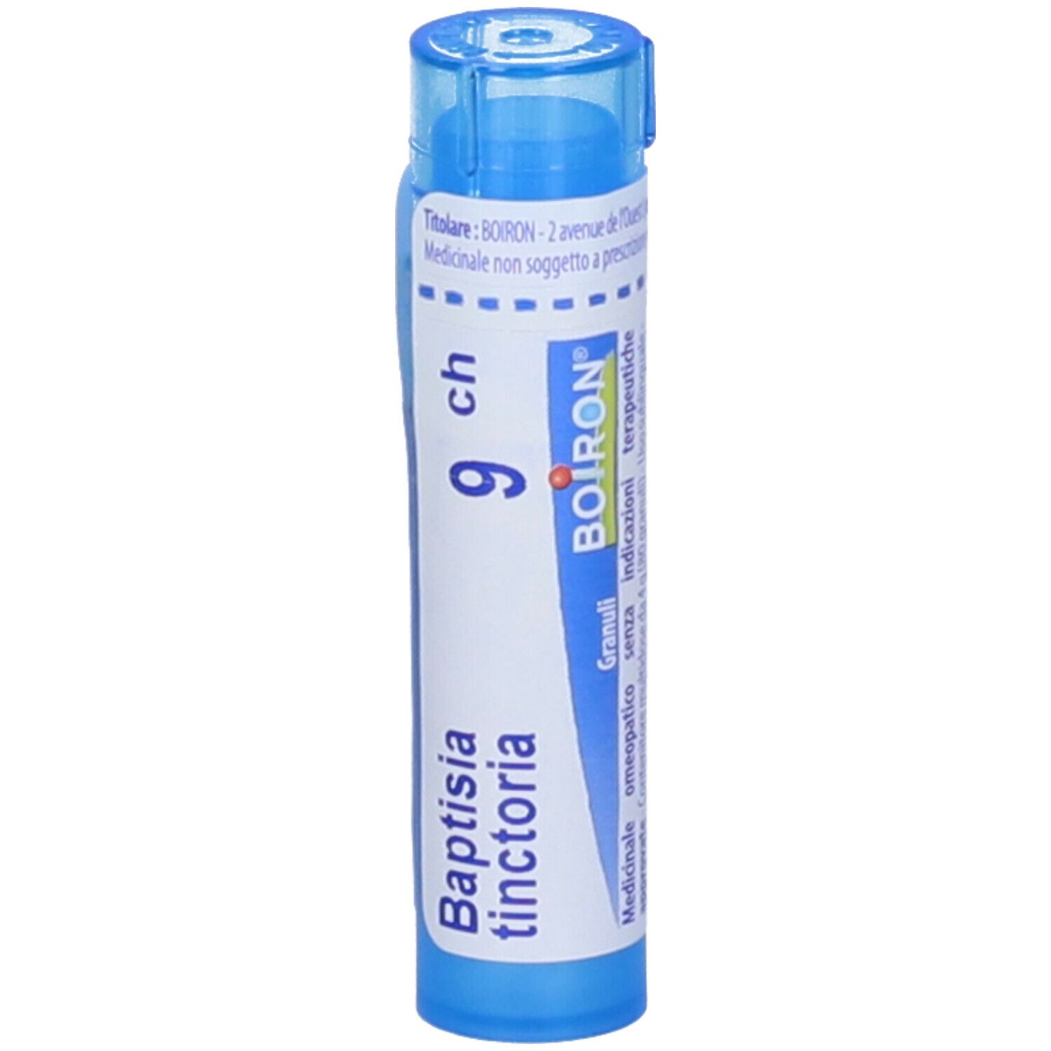 Confezione cilindrica blu. Scritta: Baptisia tinctoria, 9 ch, BOIRON. Granuli.