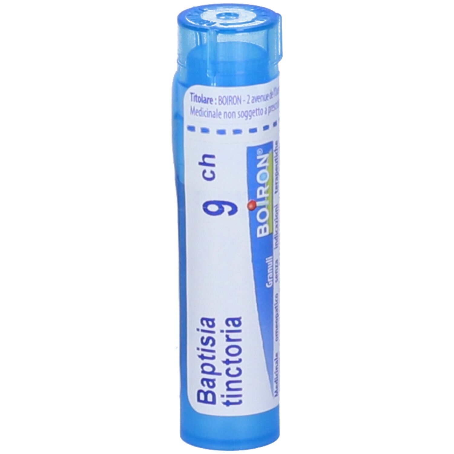 Confezione cilindrica blu. Scritta: Baptisia tinctoria, 9 ch, BOIRON. Granuli.