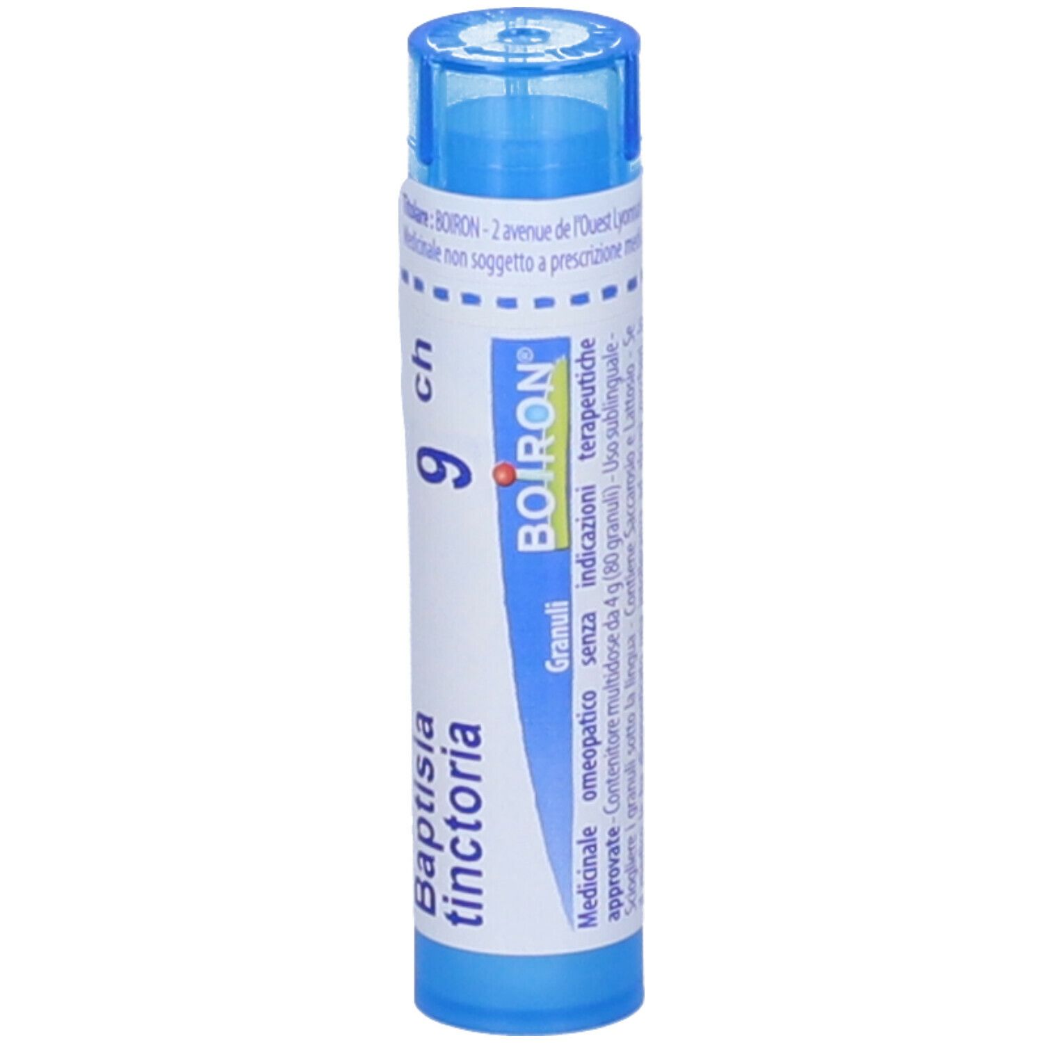 Confezione cilindrica blu. Scritta: Baptisia tinctoria, 9 ch, BOIRON. Granuli.