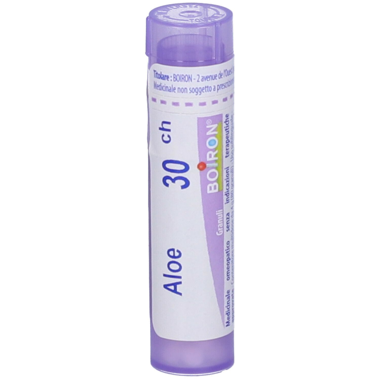 Tubo viola Aloe 30 ch Boiron. Vista verticale. Nome e dosaggio visibili. Granuli.