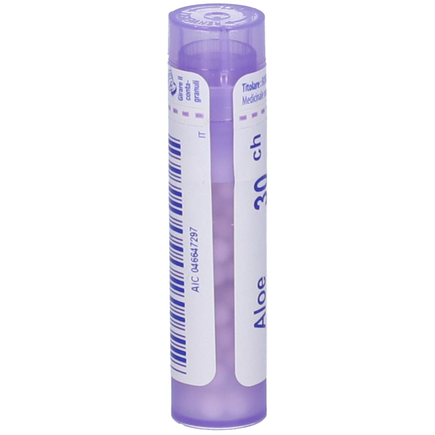 Tubo viola Aloe 30 ch Boiron. Vista verticale. Nome, dosaggio e codice a barre visibili.