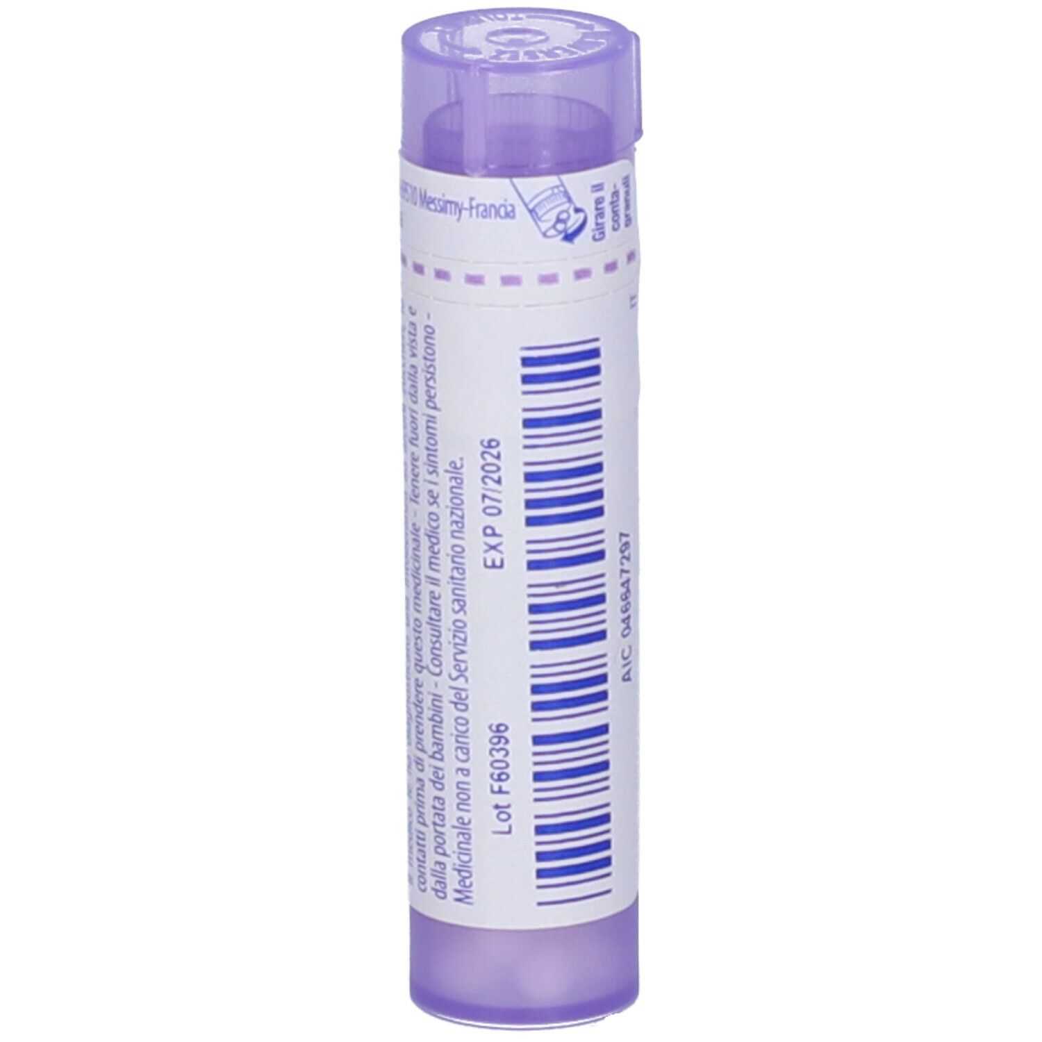 Tubo viola Aloe 30 ch Boiron. Vista verticale. Informazioni sulla scadenza e produttore.