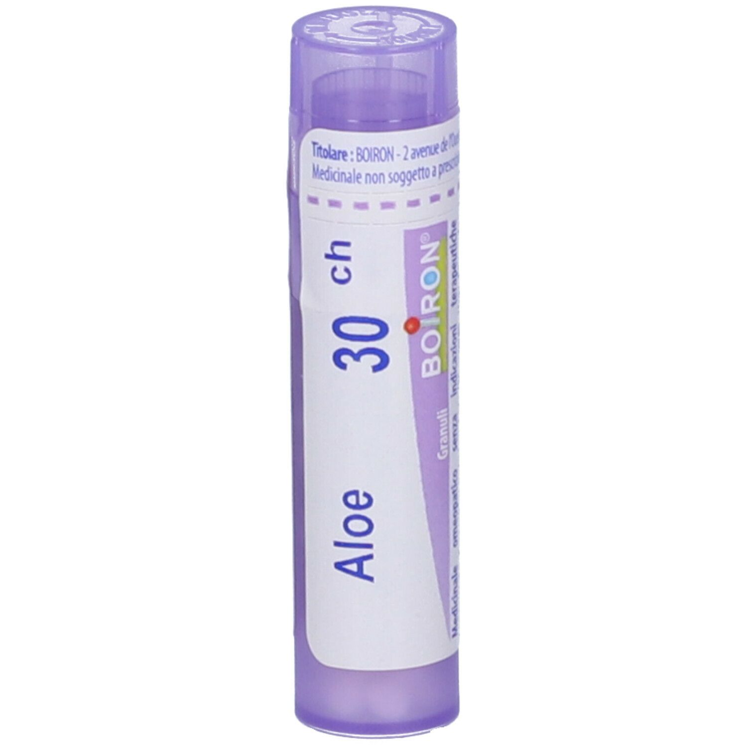 Tubo viola Aloe 30 ch Boiron. Vista verticale. Nome, dosaggio e marchio ben visibili.