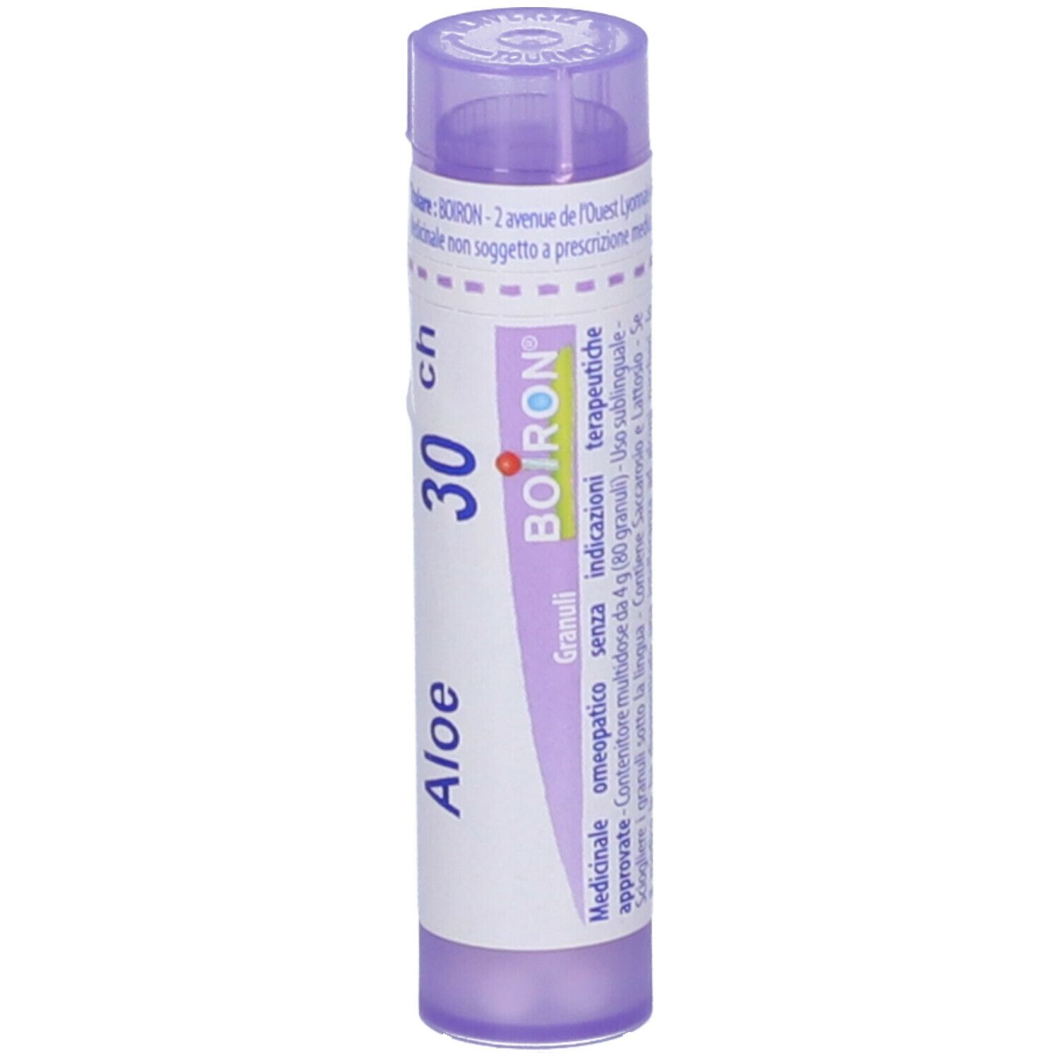 Tubo viola Aloe 30 ch Boiron. Vista verticale. Nome, dosaggio e marchio visibili. Informazioni aggiuntive.