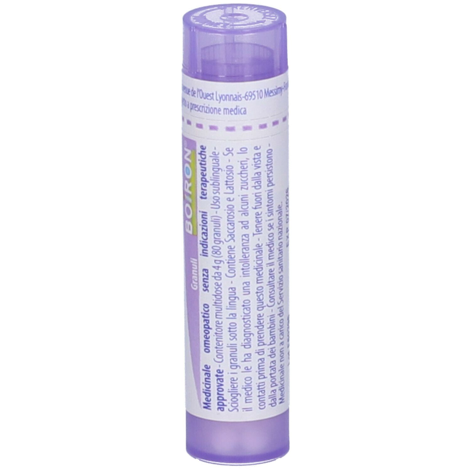 Tubo viola Aloe 30 ch Boiron. Vista verticale. Nome, dosaggio e marchio visibili. Informazioni aggiuntive.
