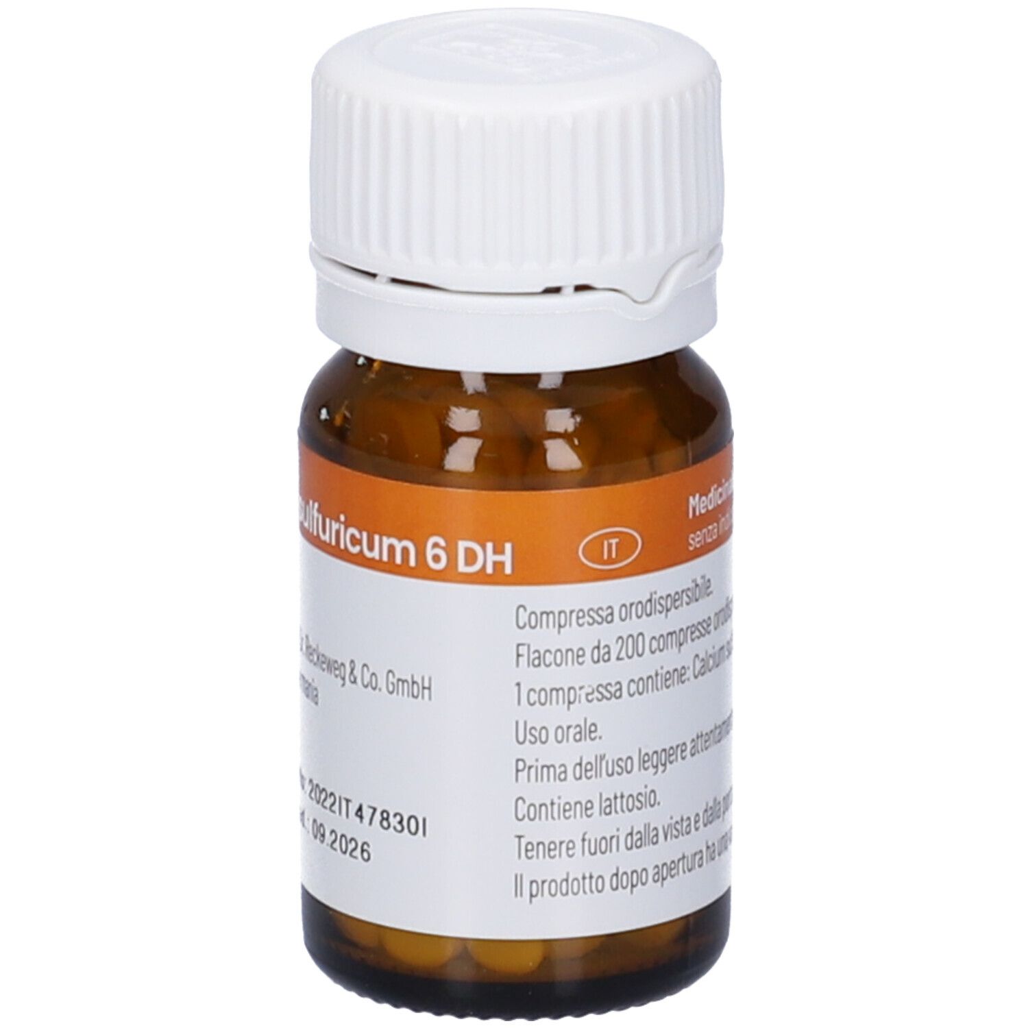 Flacone di vetro marrone con tappo bianco. Etichetta con nome del prodotto e informazioni del produttore. 'Calcium sulfuricum 6 DH'.