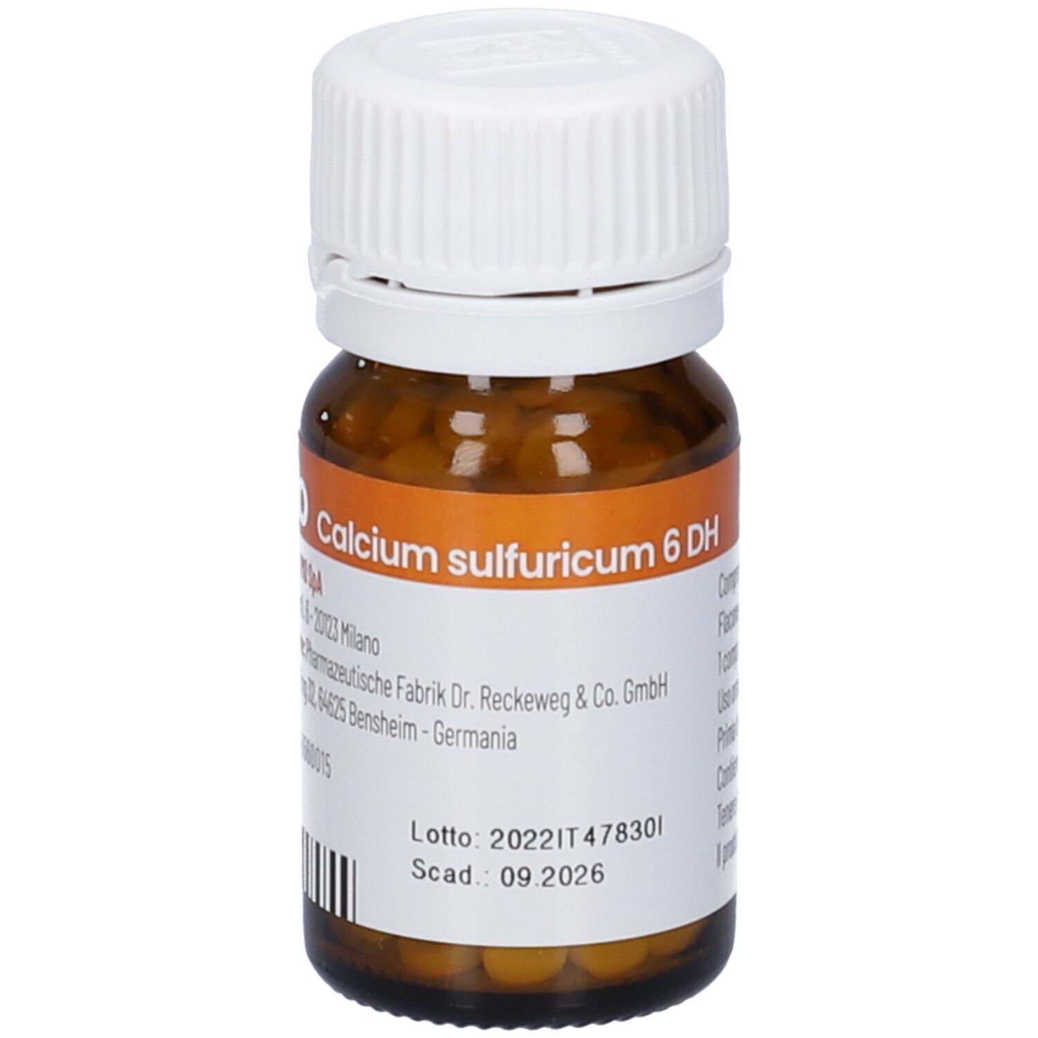 Flacone di vetro marrone con tappo bianco. Etichetta con nome del prodotto e informazioni del produttore. 'Calcium sulfuricum 6 DH'.