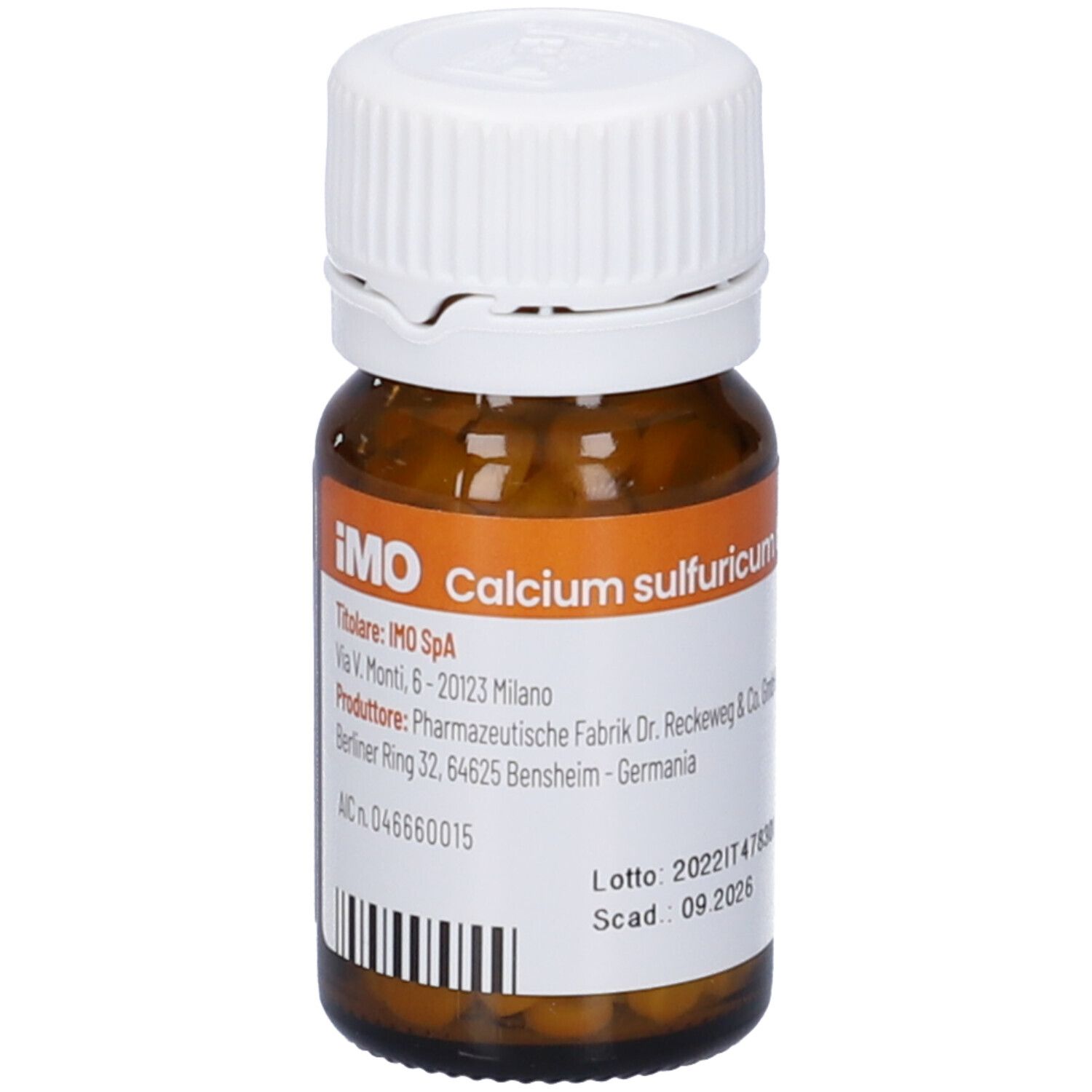 Flacone di vetro marrone con tappo bianco. Etichetta con nome del prodotto e informazioni del produttore. 'Calcium sulfuricum 6 DH'.