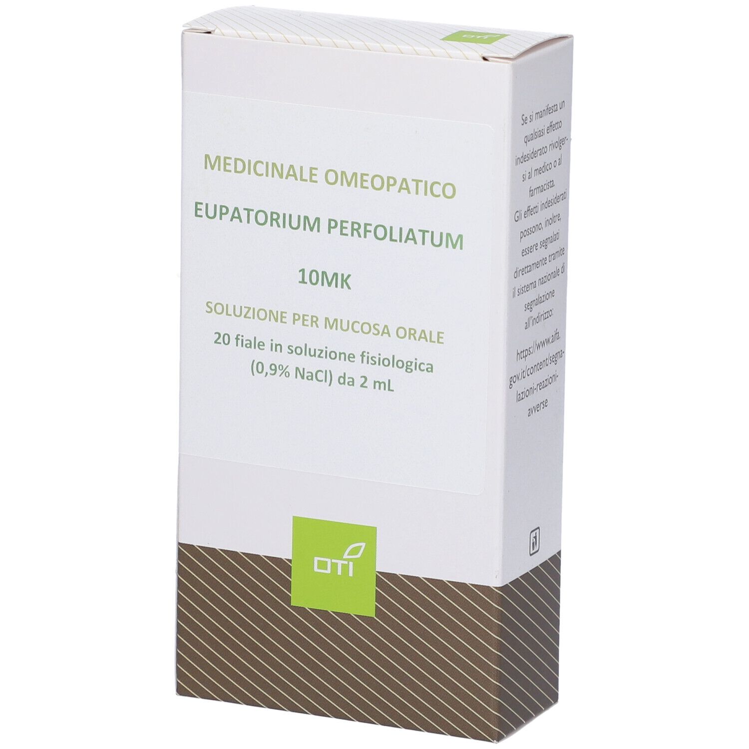 Scatola bianca con testo. Logo Oti in basso. Nome del prodotto e dettagli in italiano.