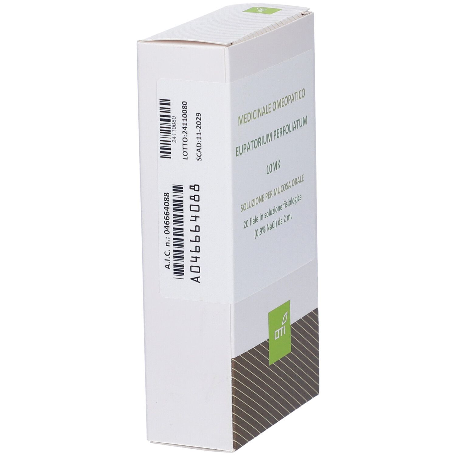 Scatola bianca con testo e codice a barre. Logo Oti in basso. Nome del prodotto e dettagli in italiano.
