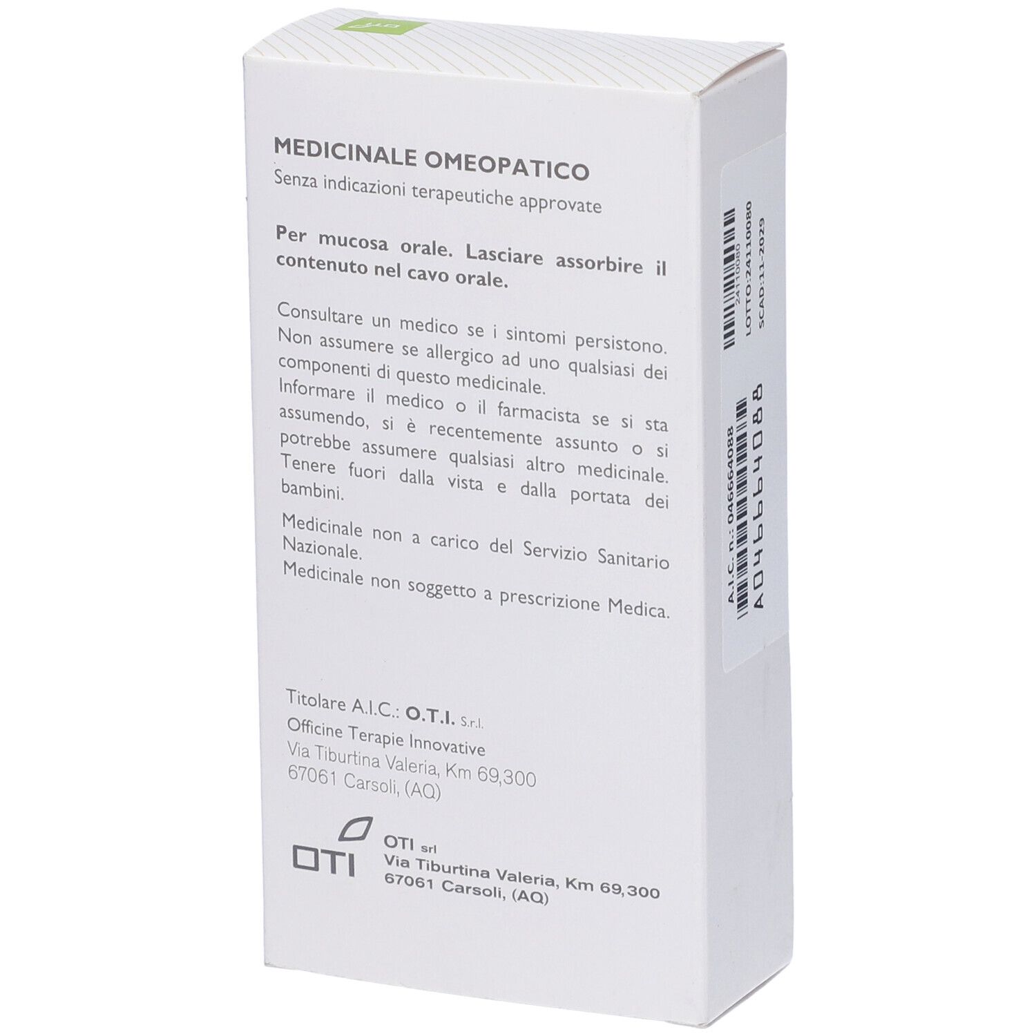 Scatola bianca con testo. Logo Oti in basso. Nome del prodotto e dettagli in italiano.